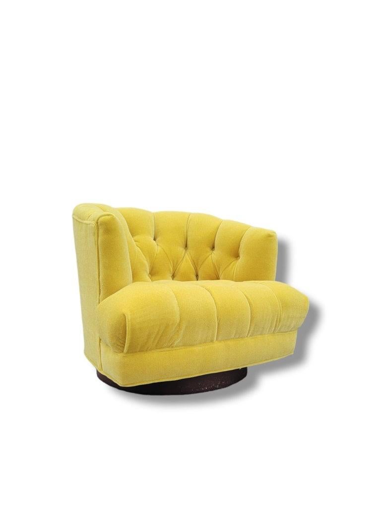 Hand-Crafted Harvey Probber Style Tufted Barrel Back Swivel Lounge Chair in Yellow Mohair For Sale