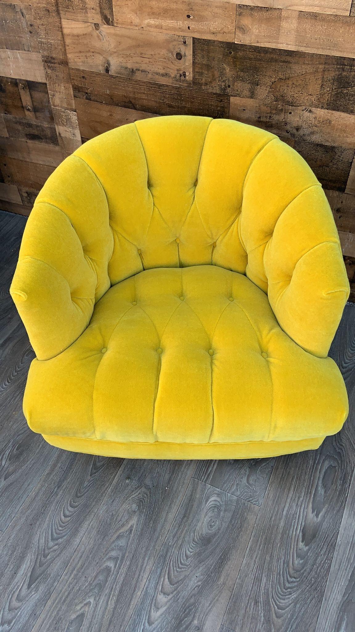 Harvey Probber Style Tufted Barrel Back Swivel Lounge Chair in Yellow Mohair For Sale 2