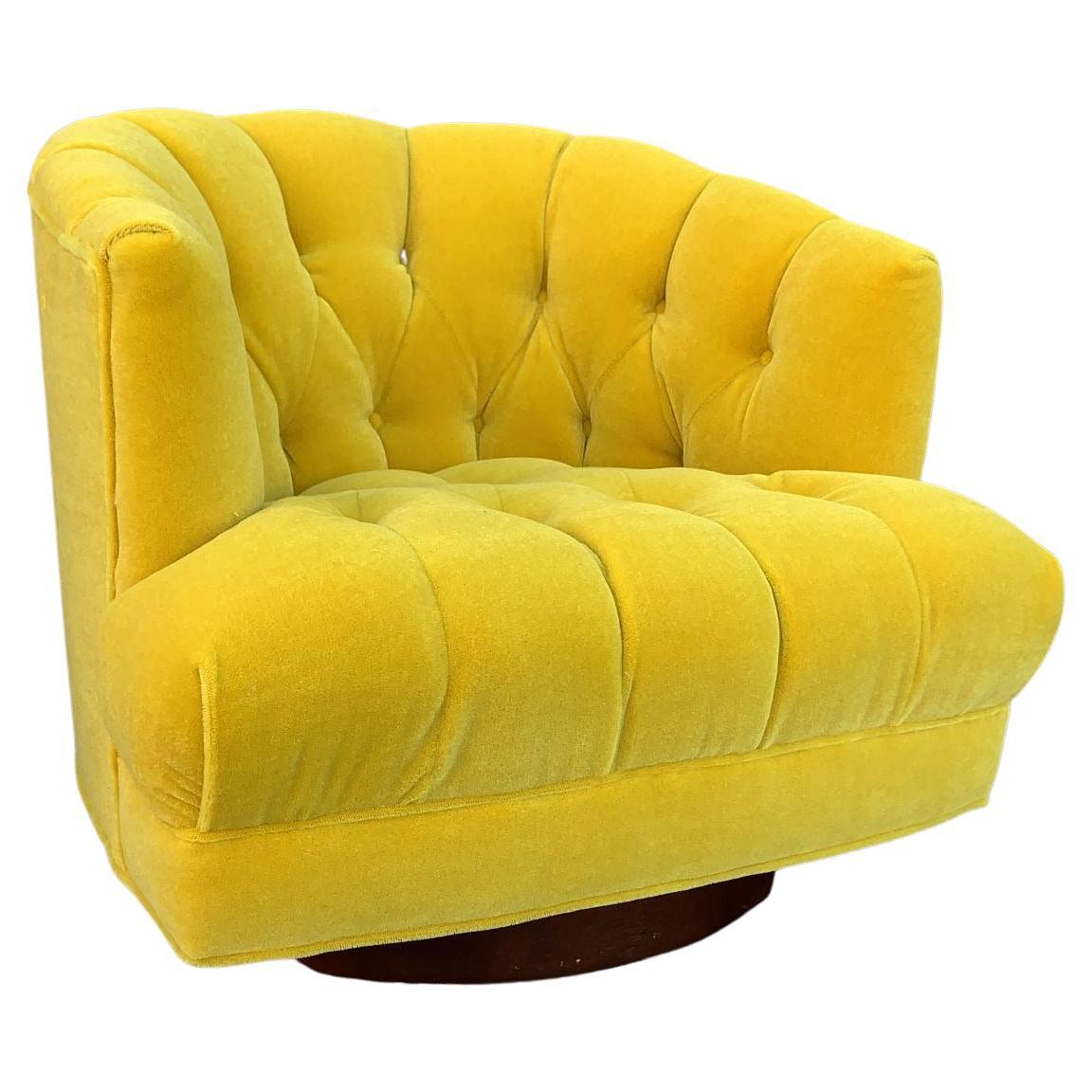 Harvey Probber Style Tufted Barrel Back Swivel Lounge Chair in Yellow Mohair