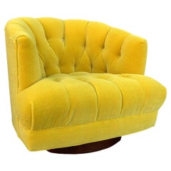 Retro Harvey Probber Style Tufted Barrel Back Swivel Lounge Chair in Yellow Mohair