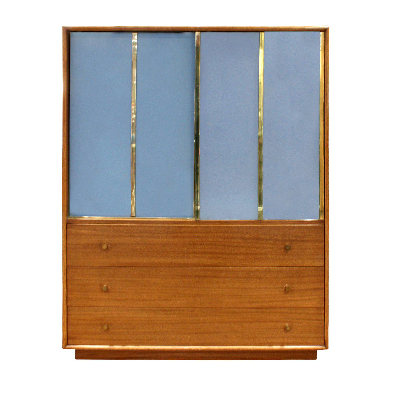 Harvey Probber Tall Chest of Drawers in Mahogany with Blue Leather Doors 1950s