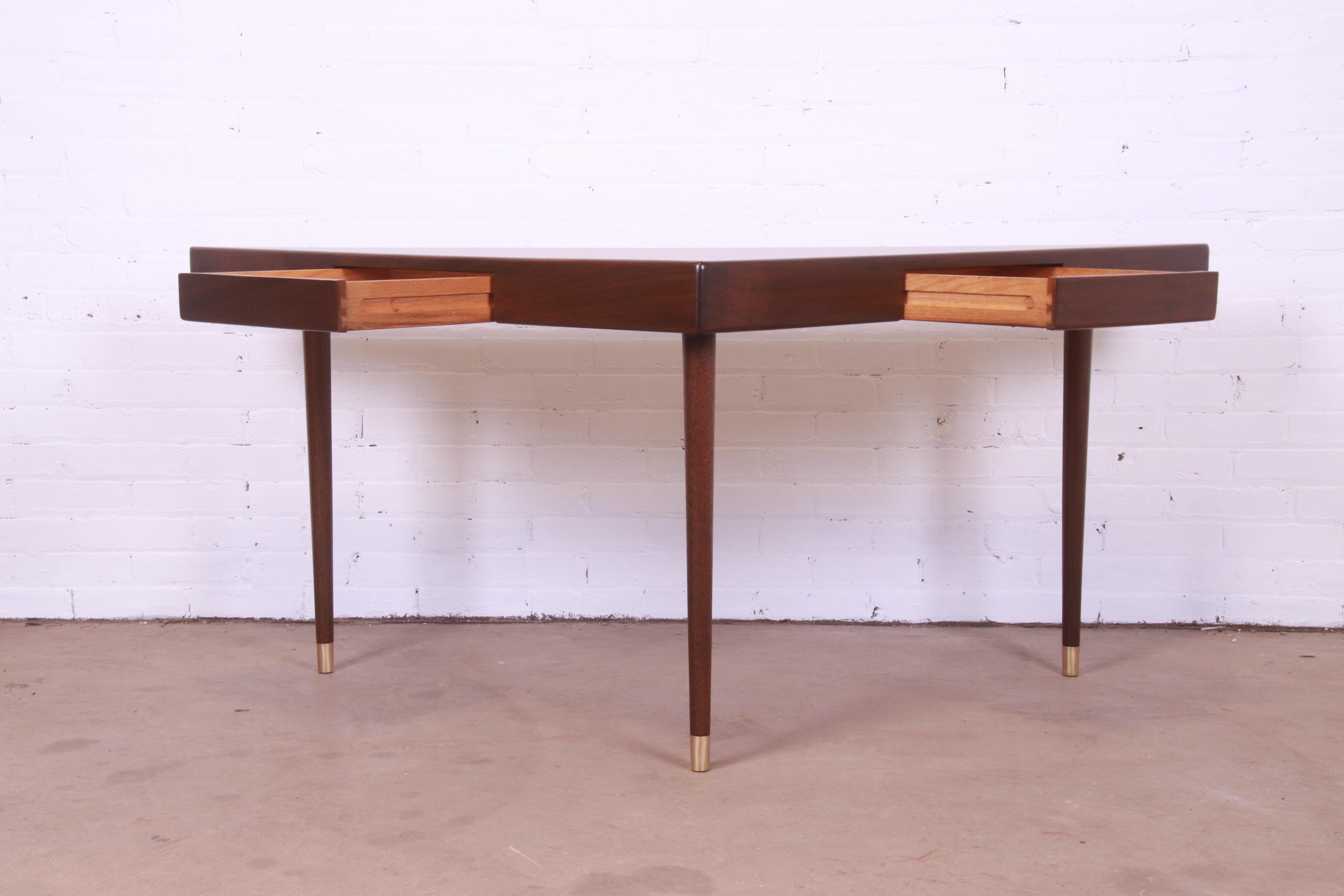 Harvey Probber Teak and Brass Triangle Desk or Console Table, Newly Refinished For Sale 3