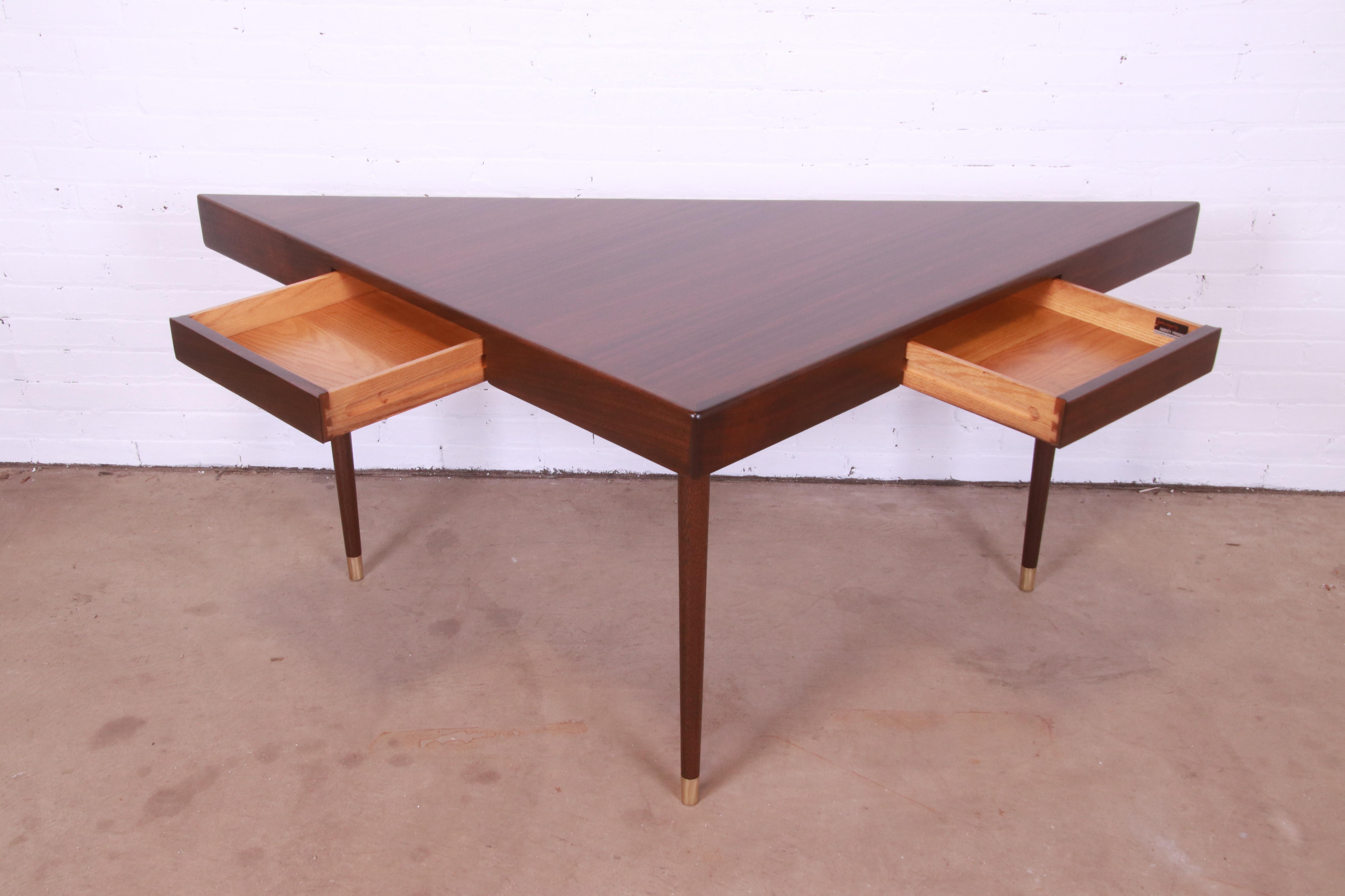 Harvey Probber Teak and Brass Triangle Desk or Console Table, Newly Refinished For Sale 4