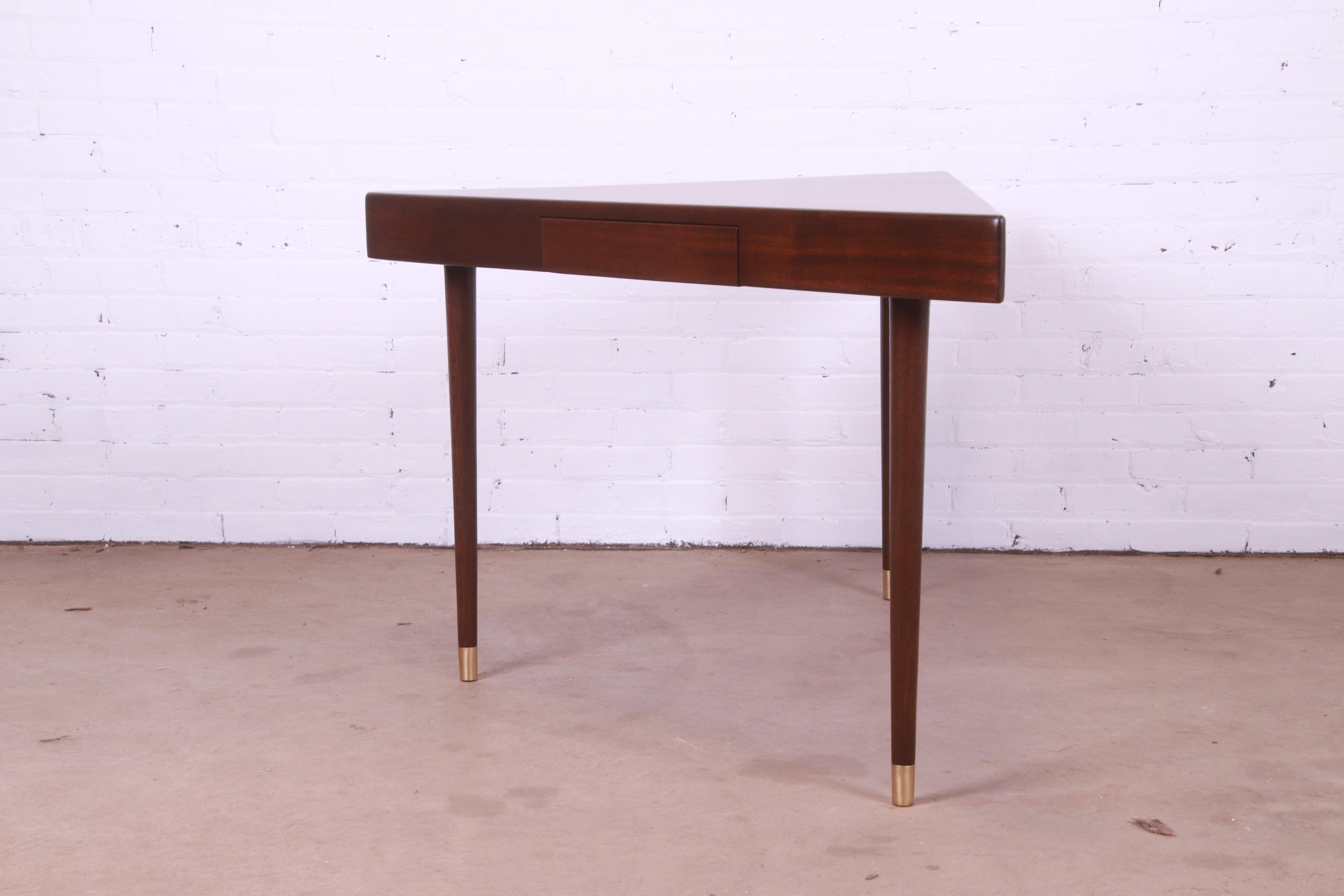 Harvey Probber Teak and Brass Triangle Desk or Console Table, Newly Refinished For Sale 7