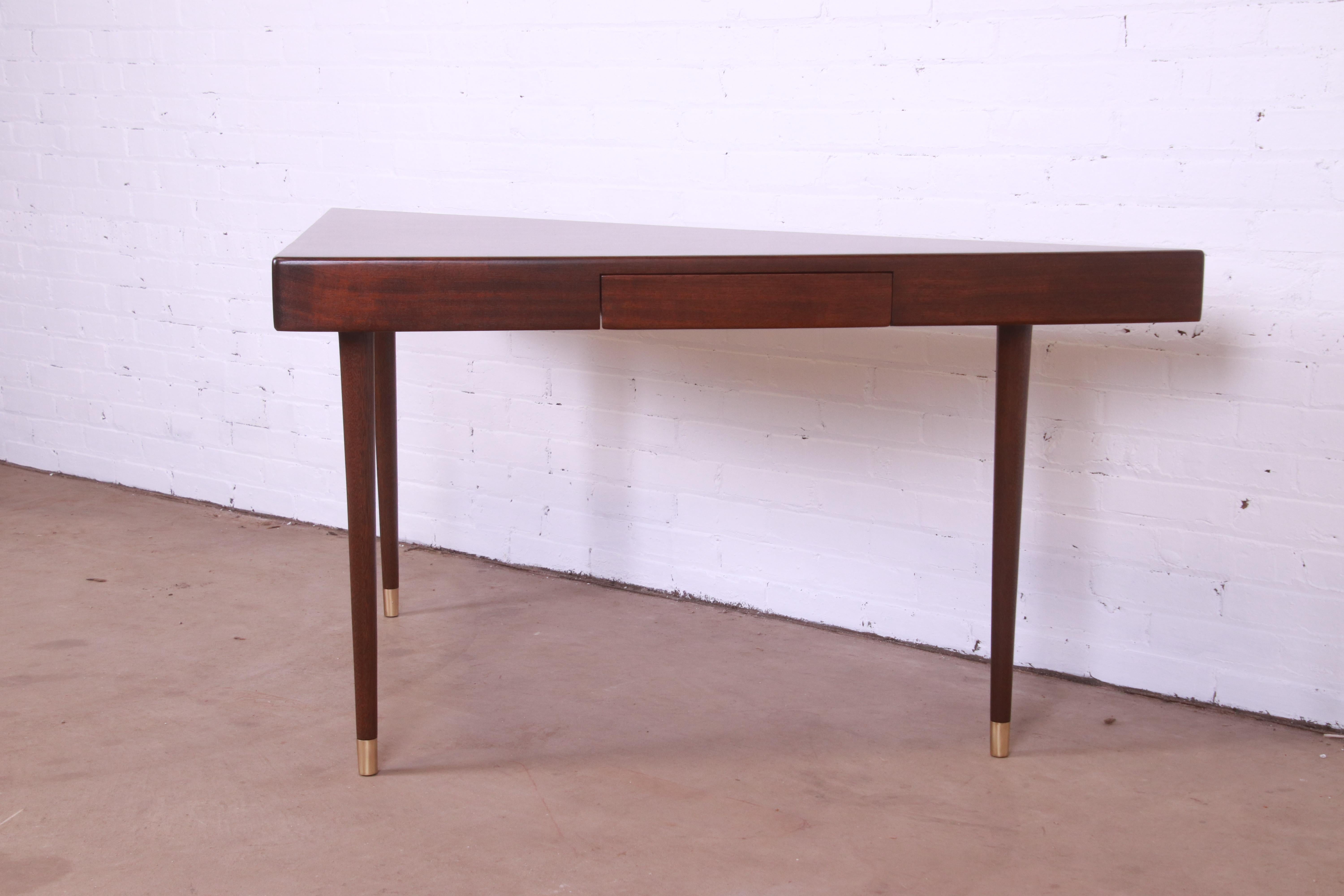 Mid-Century Modern Harvey Probber Teak and Brass Triangle Desk or Console Table, Newly Refinished For Sale