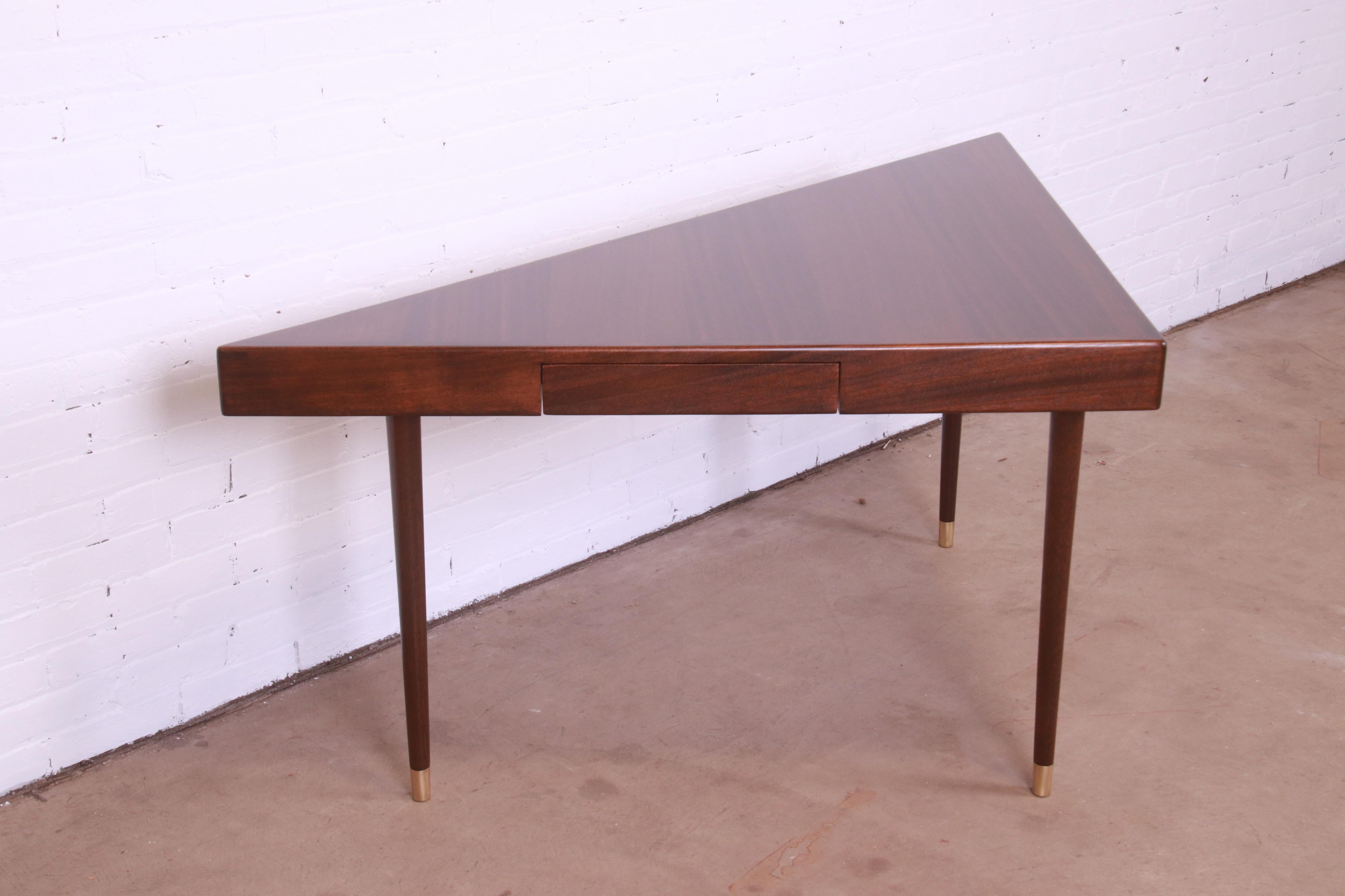 Harvey Probber Teak and Brass Triangle Desk or Console Table, Newly Refinished In Good Condition For Sale In South Bend, IN