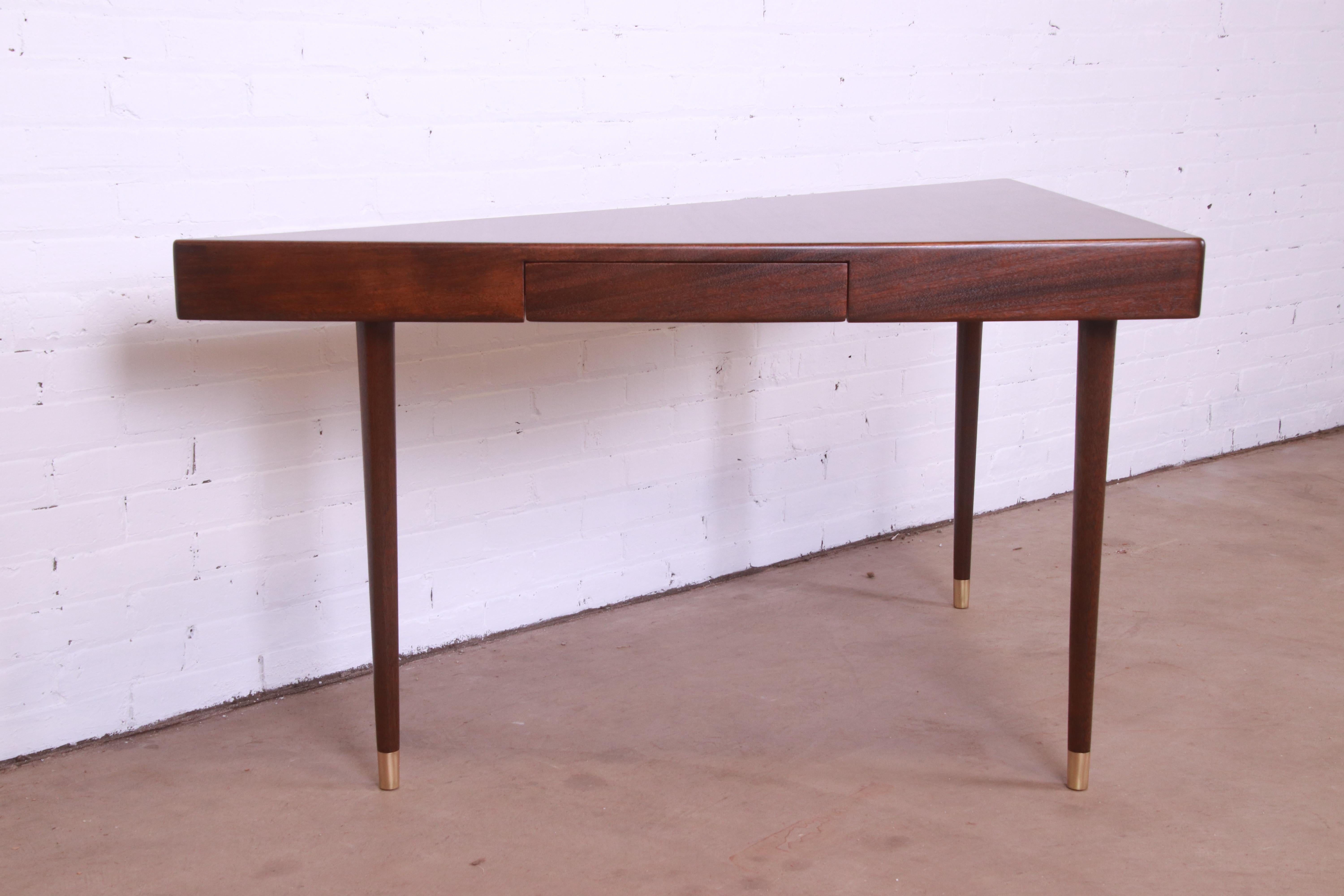 Mid-20th Century Harvey Probber Teak and Brass Triangle Desk or Console Table, Newly Refinished For Sale