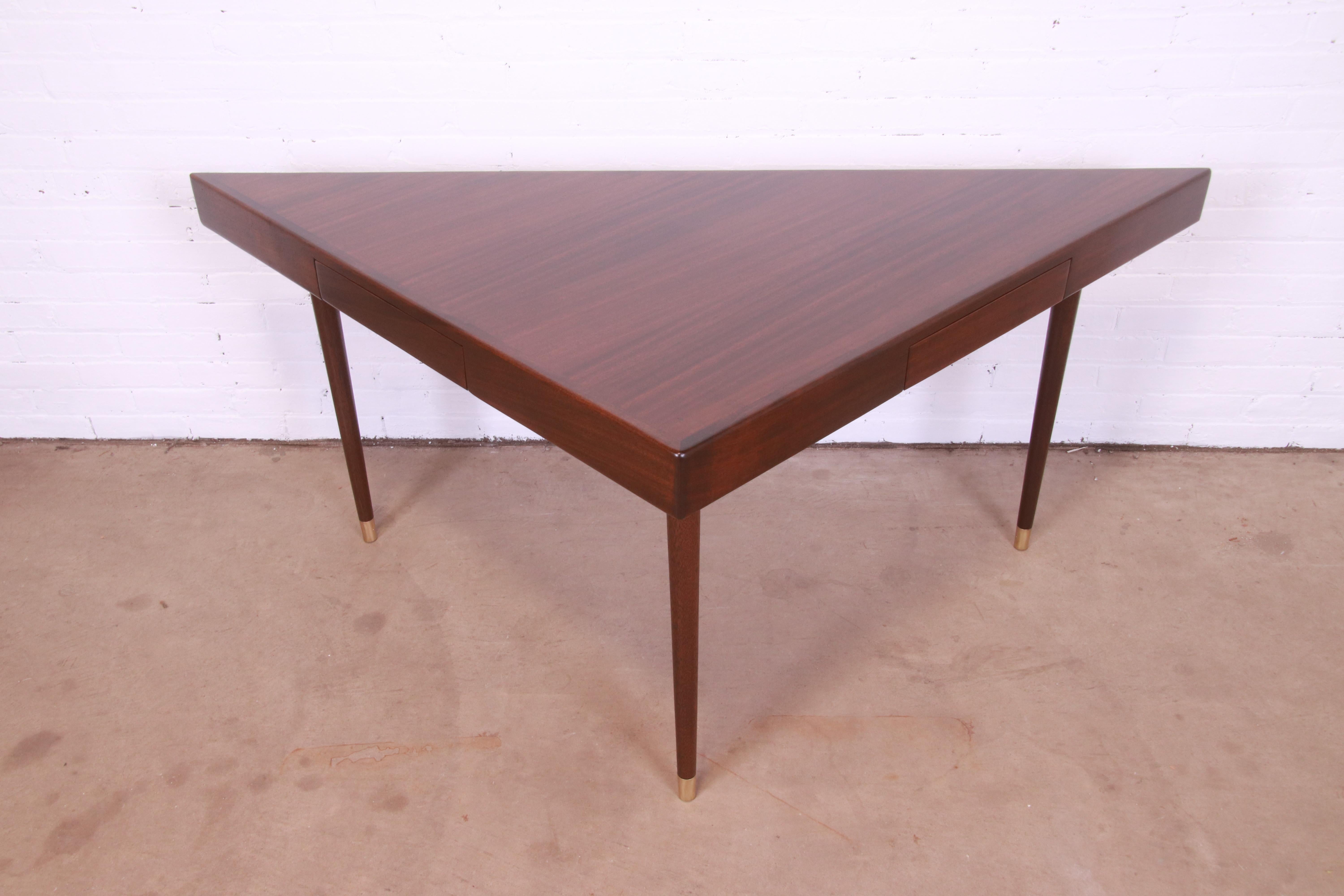 Harvey Probber Teak and Brass Triangle Desk or Console Table, Newly Refinished For Sale 1