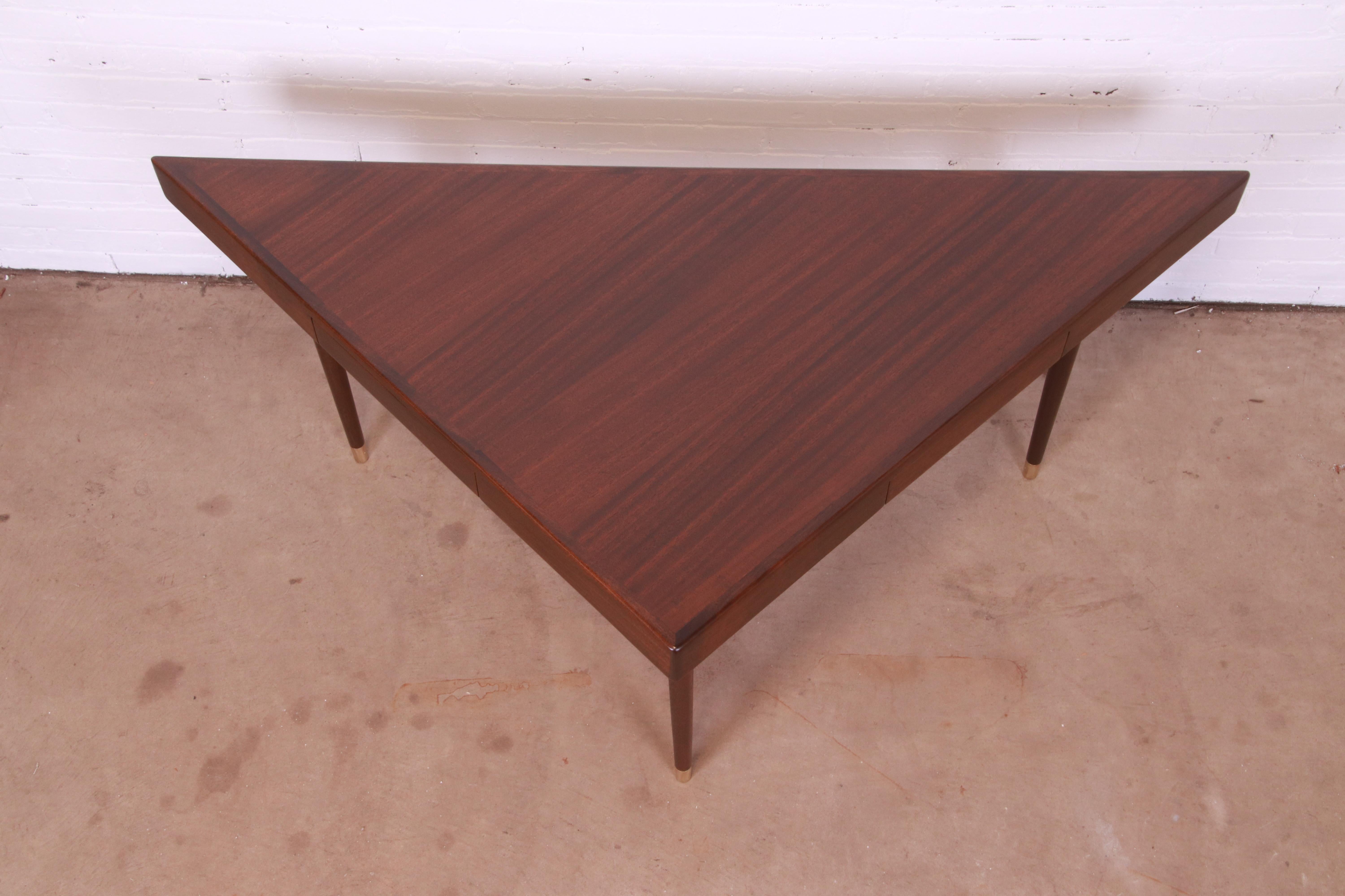 Harvey Probber Teak and Brass Triangle Desk or Console Table, Newly Refinished For Sale 2