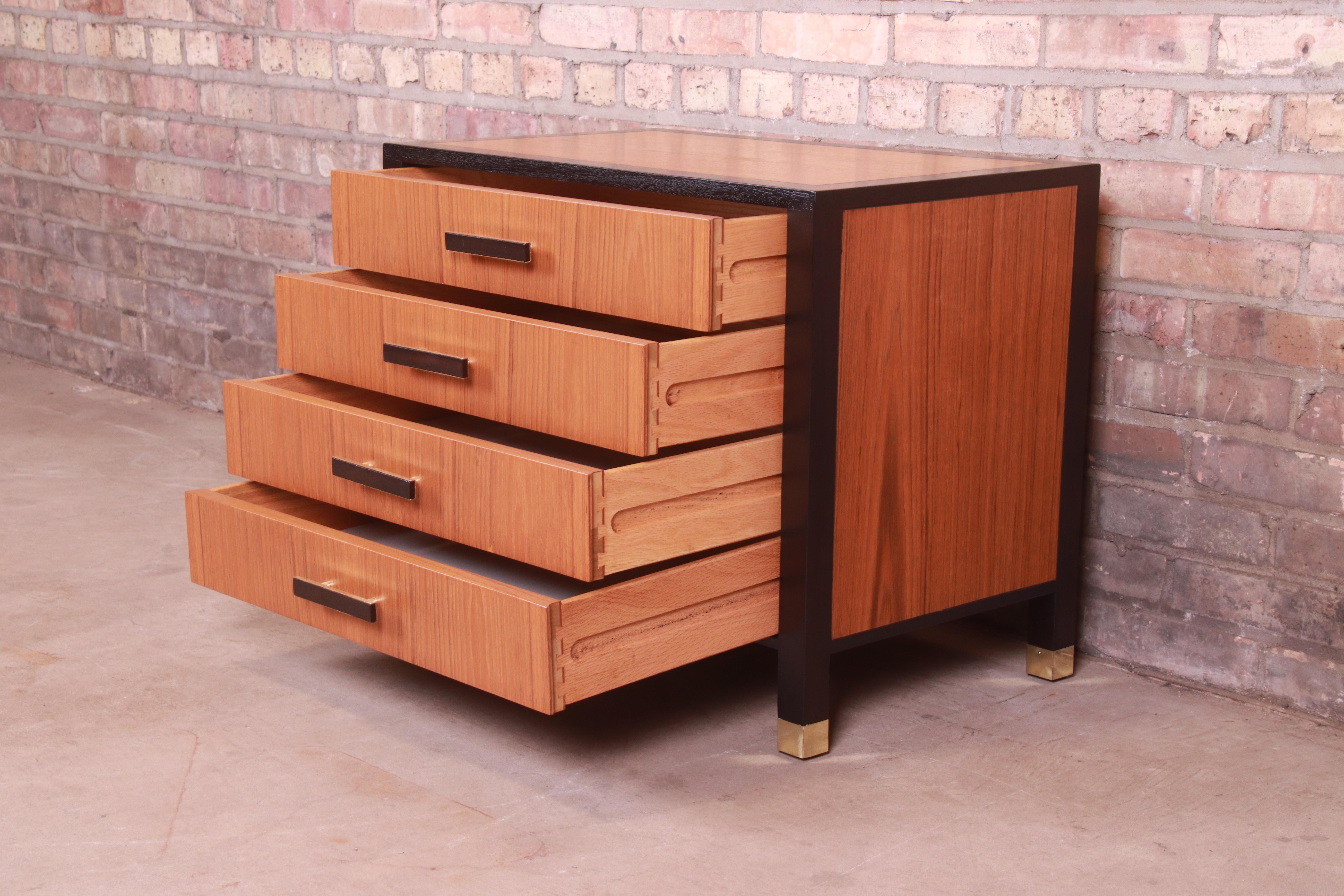 Brass Harvey Probber Teak and Mahogany Nightstand or Bachelor Chest, Newly Refinished For Sale