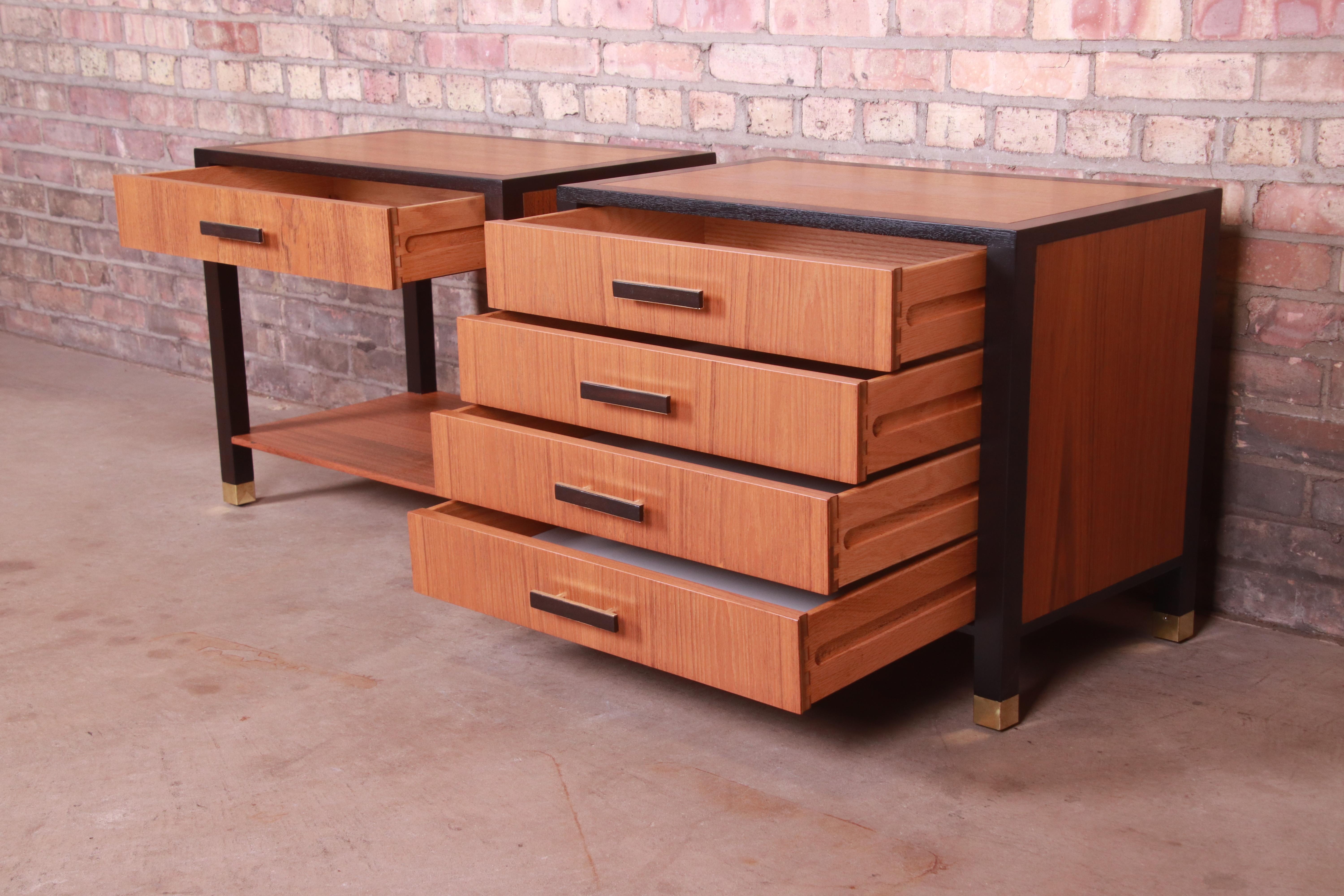 Brass Harvey Probber Teak and Mahogany Nightstands, Newly Refinished For Sale