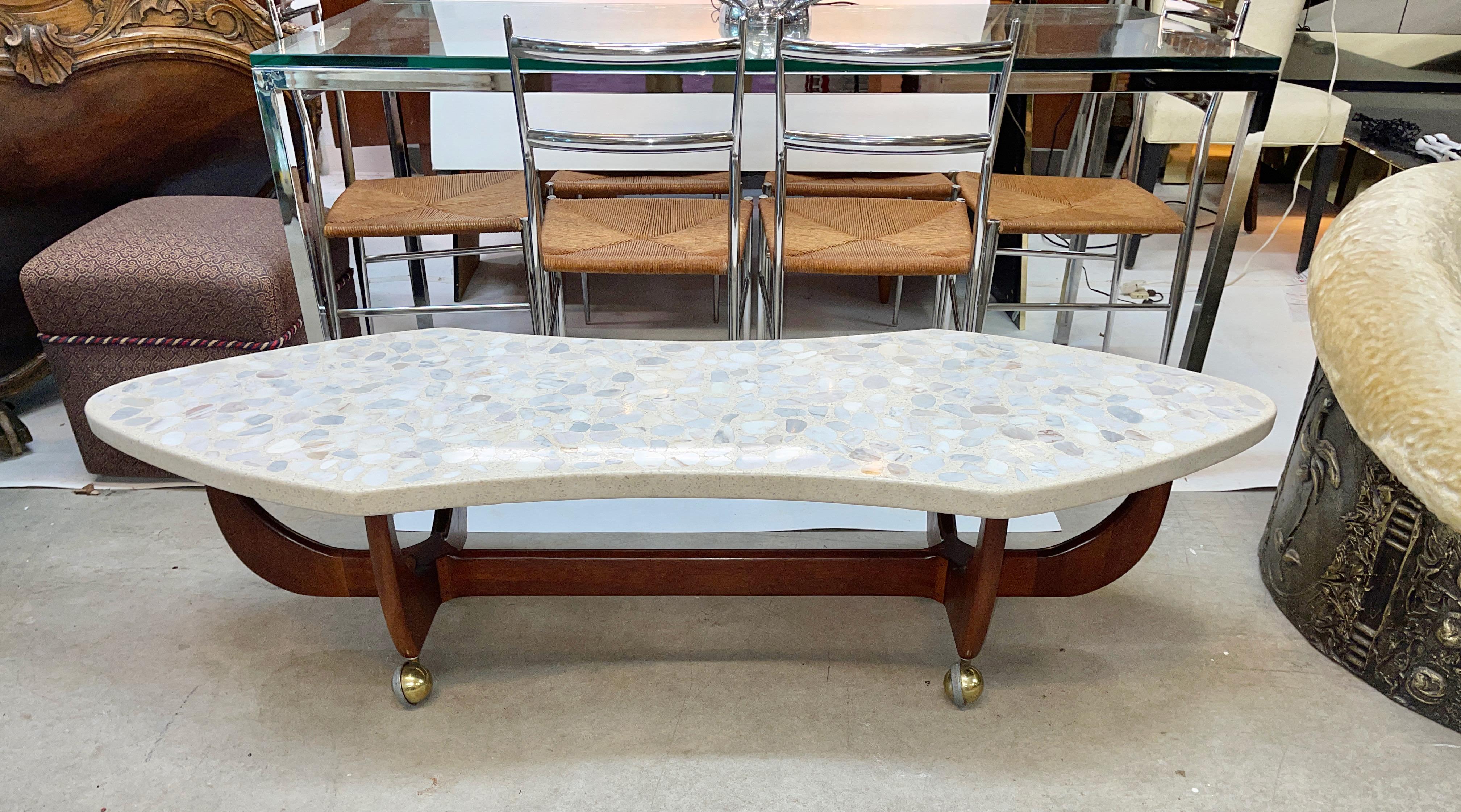 Mid-Century Modern Harvey Probber Terrazzo and Walnut Coffee Table on Brass Casters
