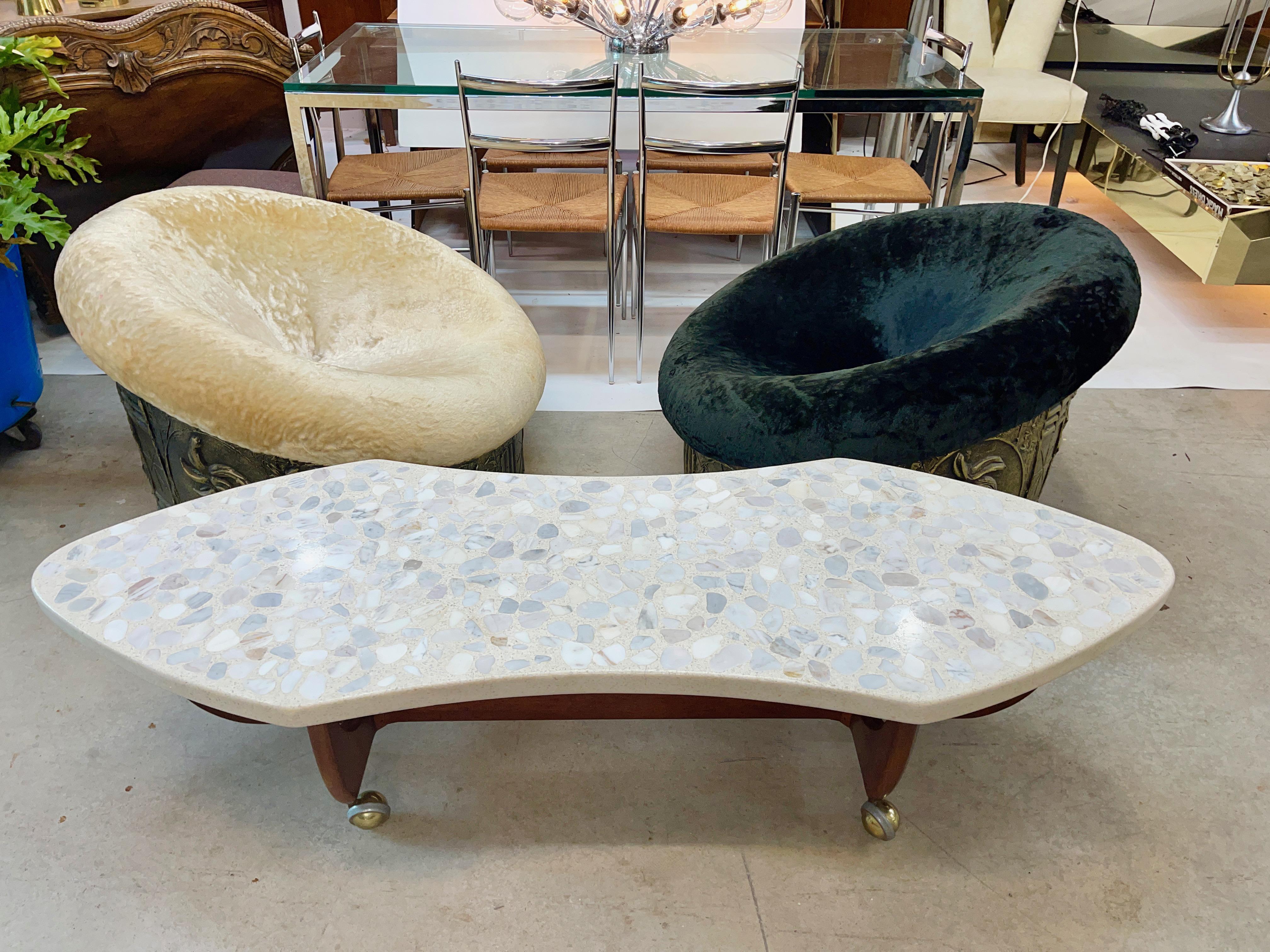 Mid-20th Century Harvey Probber Terrazzo and Walnut Coffee Table on Brass Casters