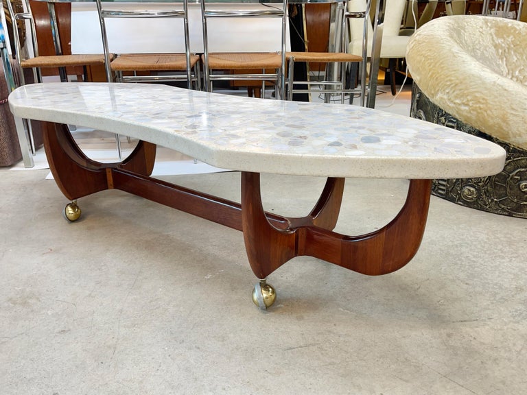 Harvey Probber Terrazzo and Walnut Coffee Table on Brass Casters For Sale 2