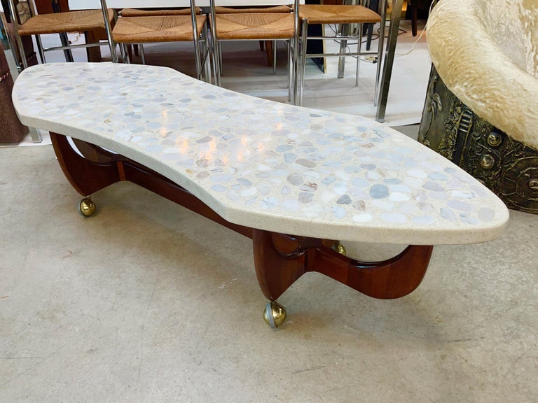 Harvey Probber Terrazzo and Walnut Coffee Table on Brass Casters For Sale 3
