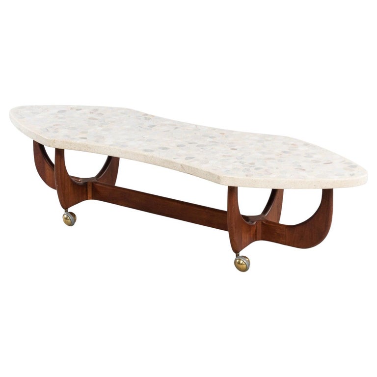 Harvey Probber Terrazzo and Walnut Coffee Table on Brass Casters For Sale