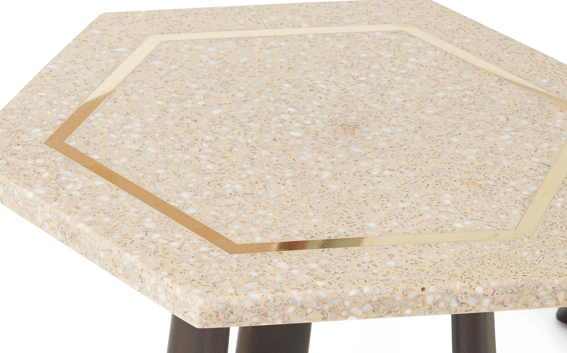 Set of three terrazzo top side tables with inlaid brass detail. Fully restored with refinished bases. Designed by Harvey Probber.