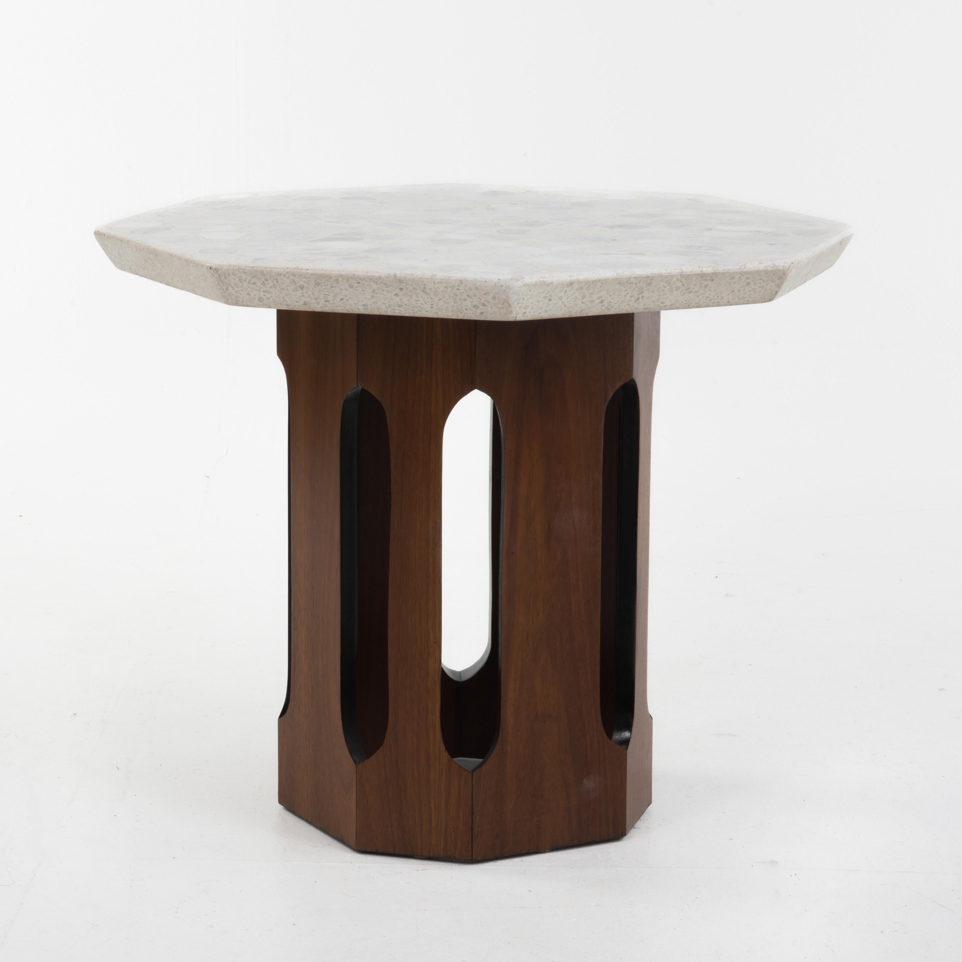 Harvey Probber Terrazzo Travertine Stone Walnut Side Tables Octagon - A Pair For Sale 4