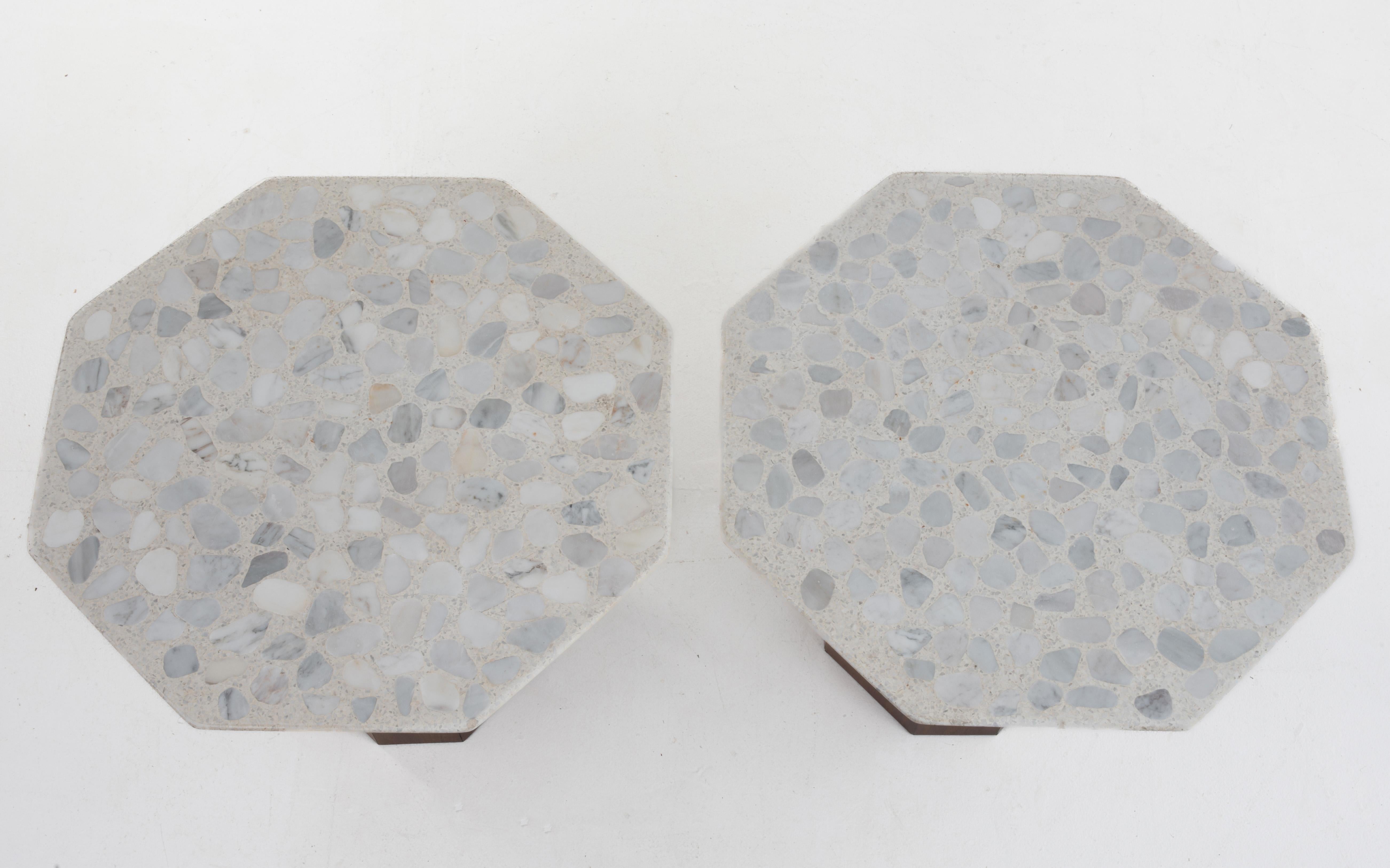 A matching pair of Harvey Probber octagon side tables, terrazzo stone and sculpted walnut.