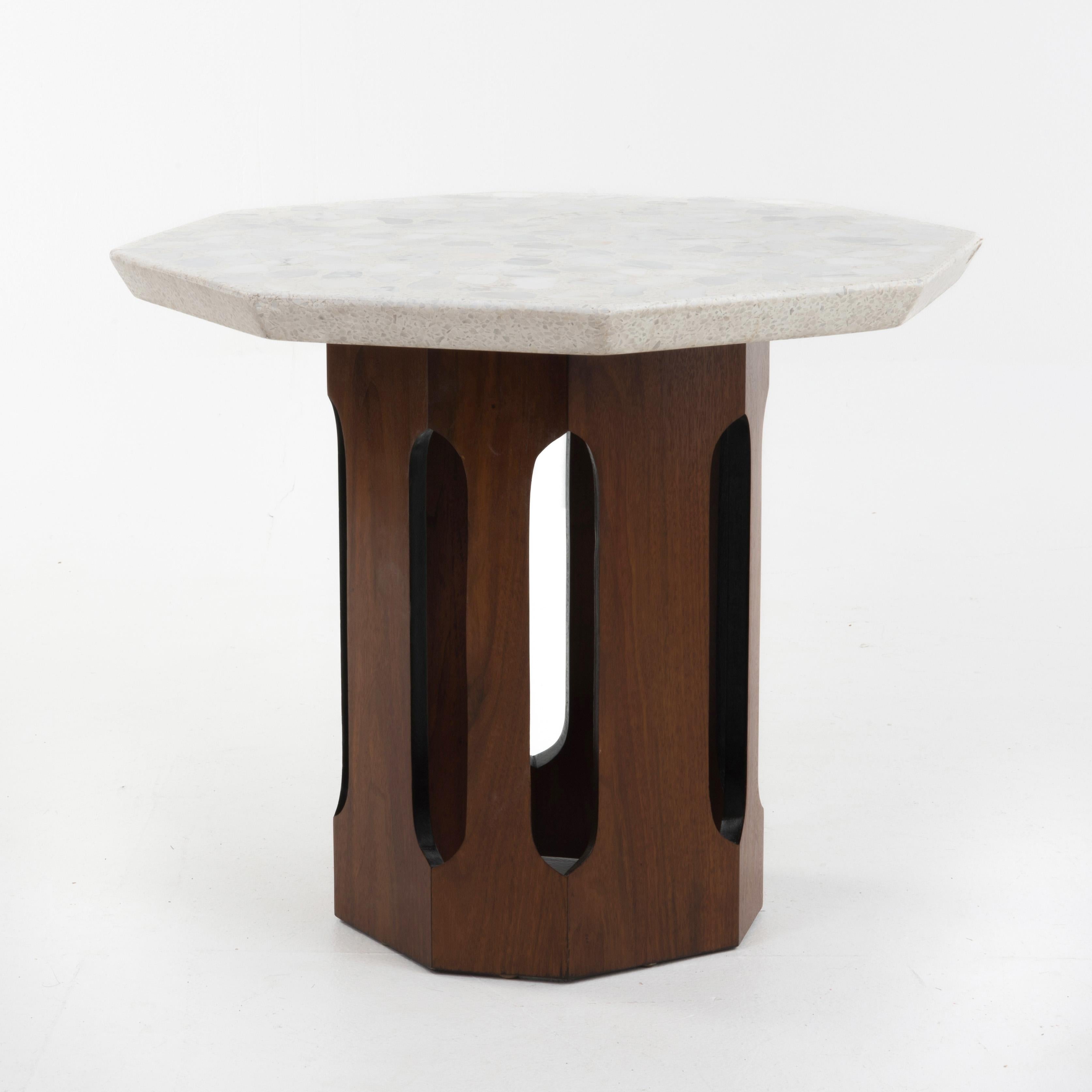 Harvey Probber Terrazzo Travertine Stone Walnut Side Tables Octagon - A Pair In Good Condition For Sale In Forest Grove, PA