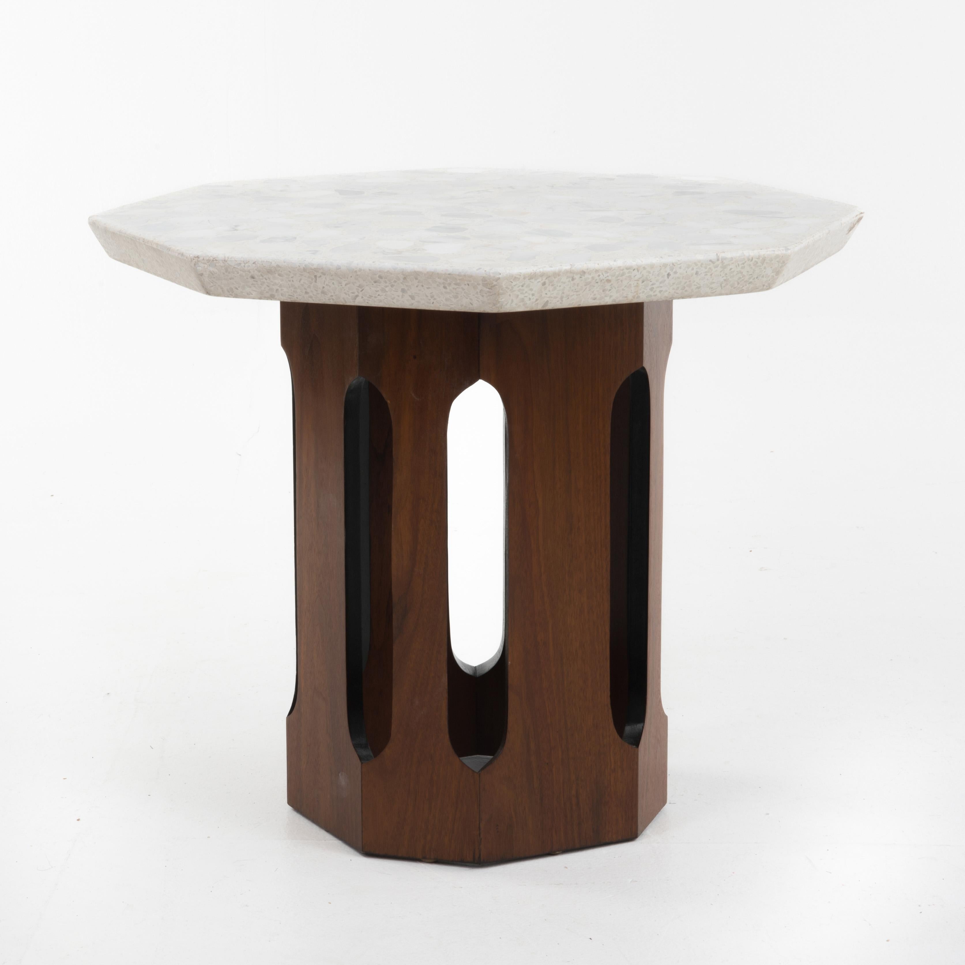 Mid-20th Century Harvey Probber Terrazzo Travertine Stone Walnut Side Tables Octagon - A Pair For Sale