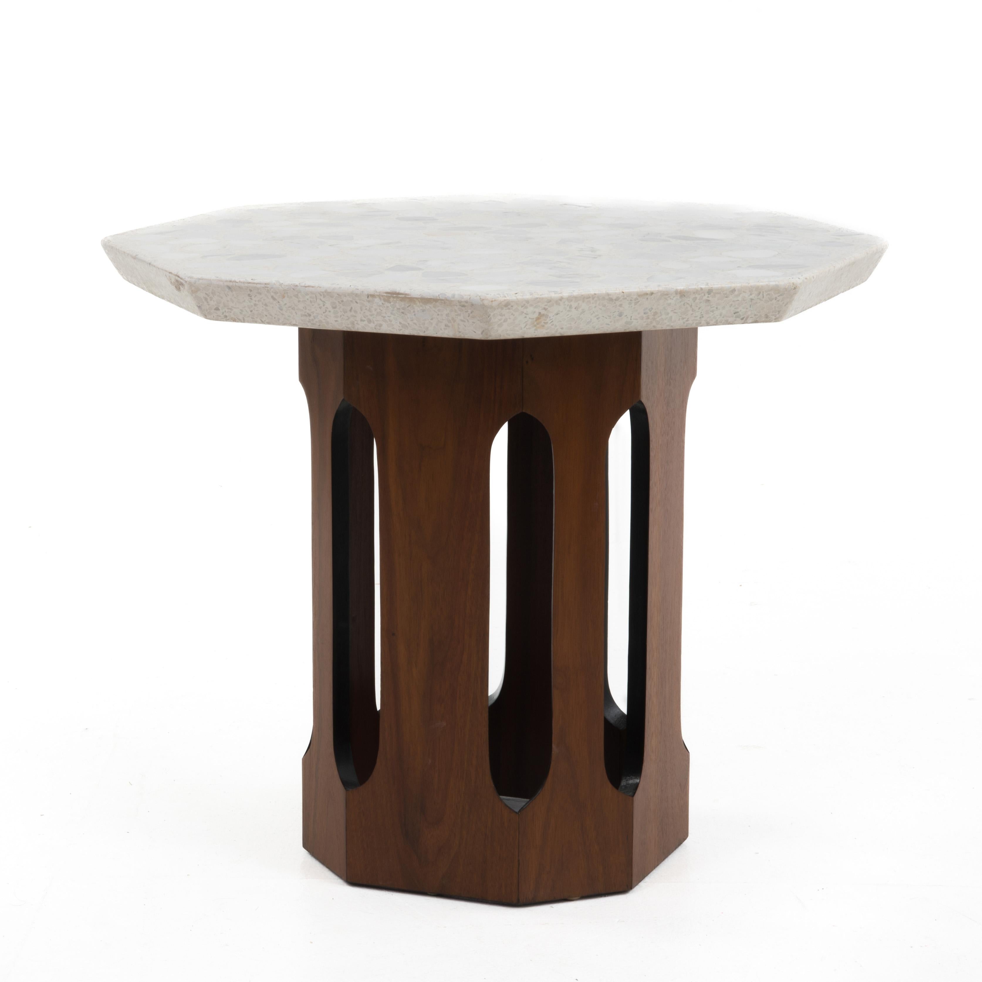 Harvey Probber Terrazzo Travertine Stone Walnut Side Tables Octagon - A Pair For Sale 2