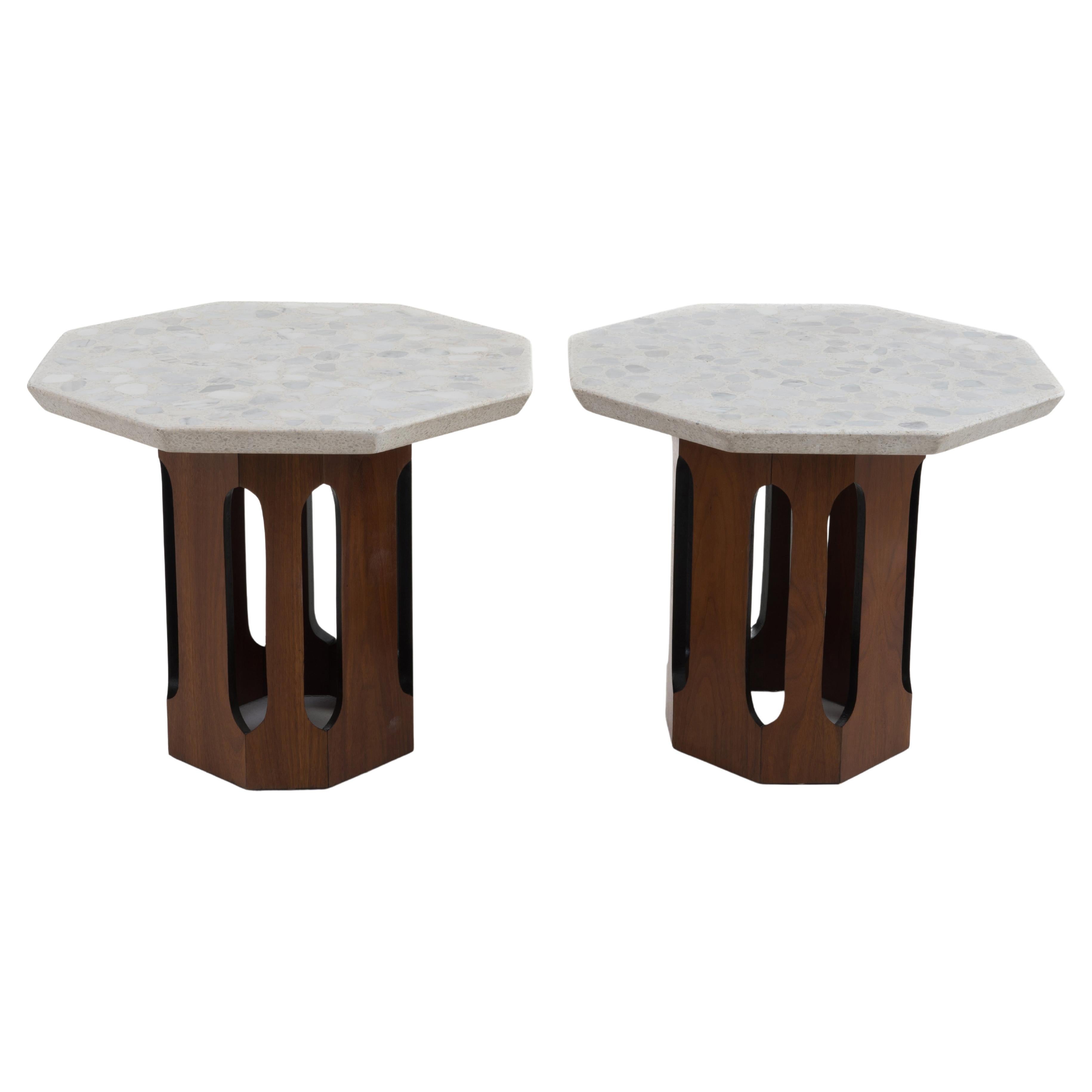 Harvey Probber Terrazzo Travertine Stone Walnut Side Tables Octagon - A Pair For Sale