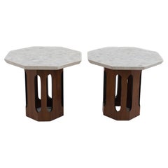 Harvey Probber Terrazzo Travertine Stone Walnut Side Tables Octagon - A Pair