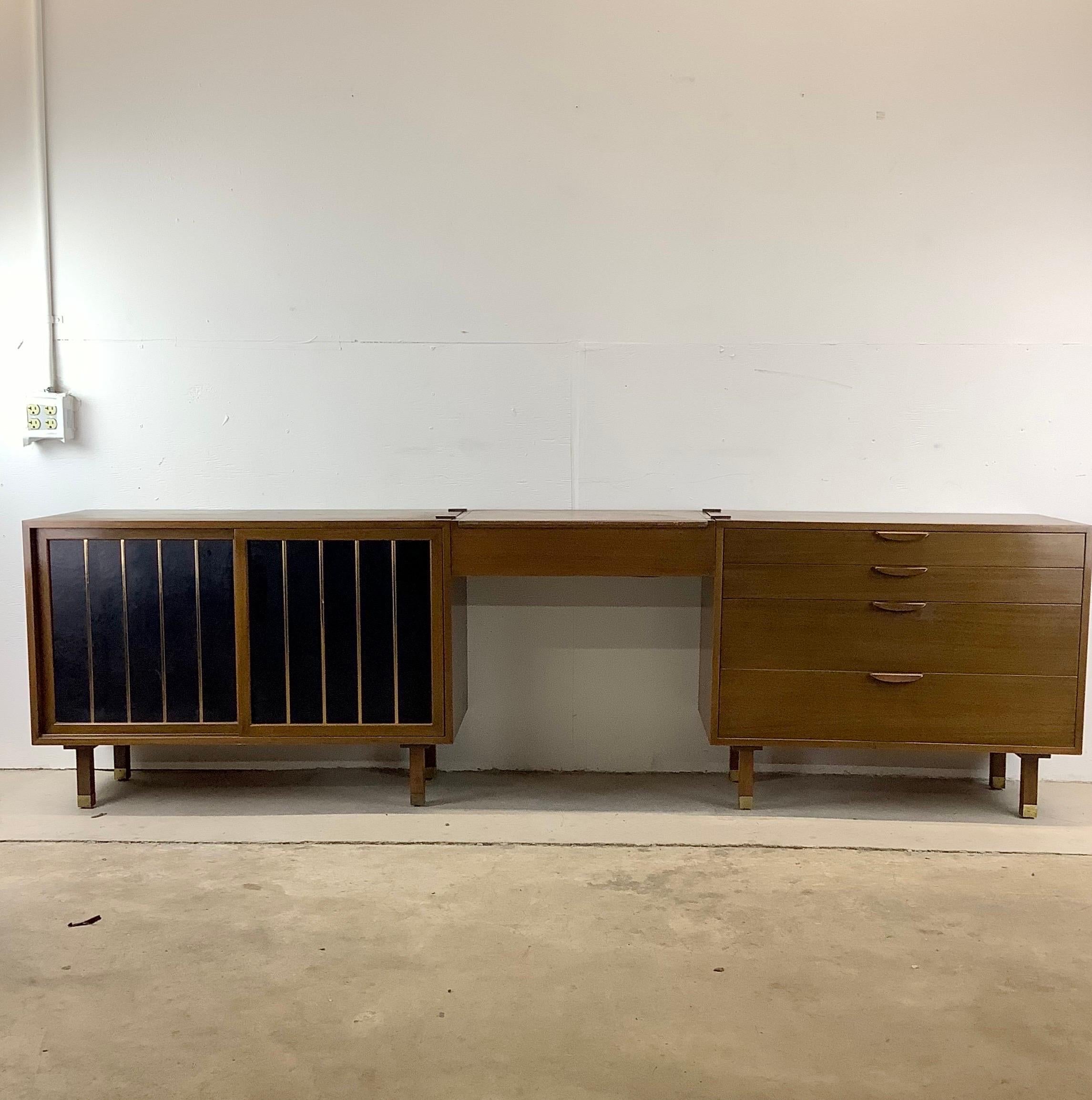 This impressive mid-century dresser set from Harvard Probber (signed) includes a four drawer dresser, lift top vanity, and sliding front cabinet. The modular set can be organized in any way you like. Mahogany finish throughout is complimented nicely