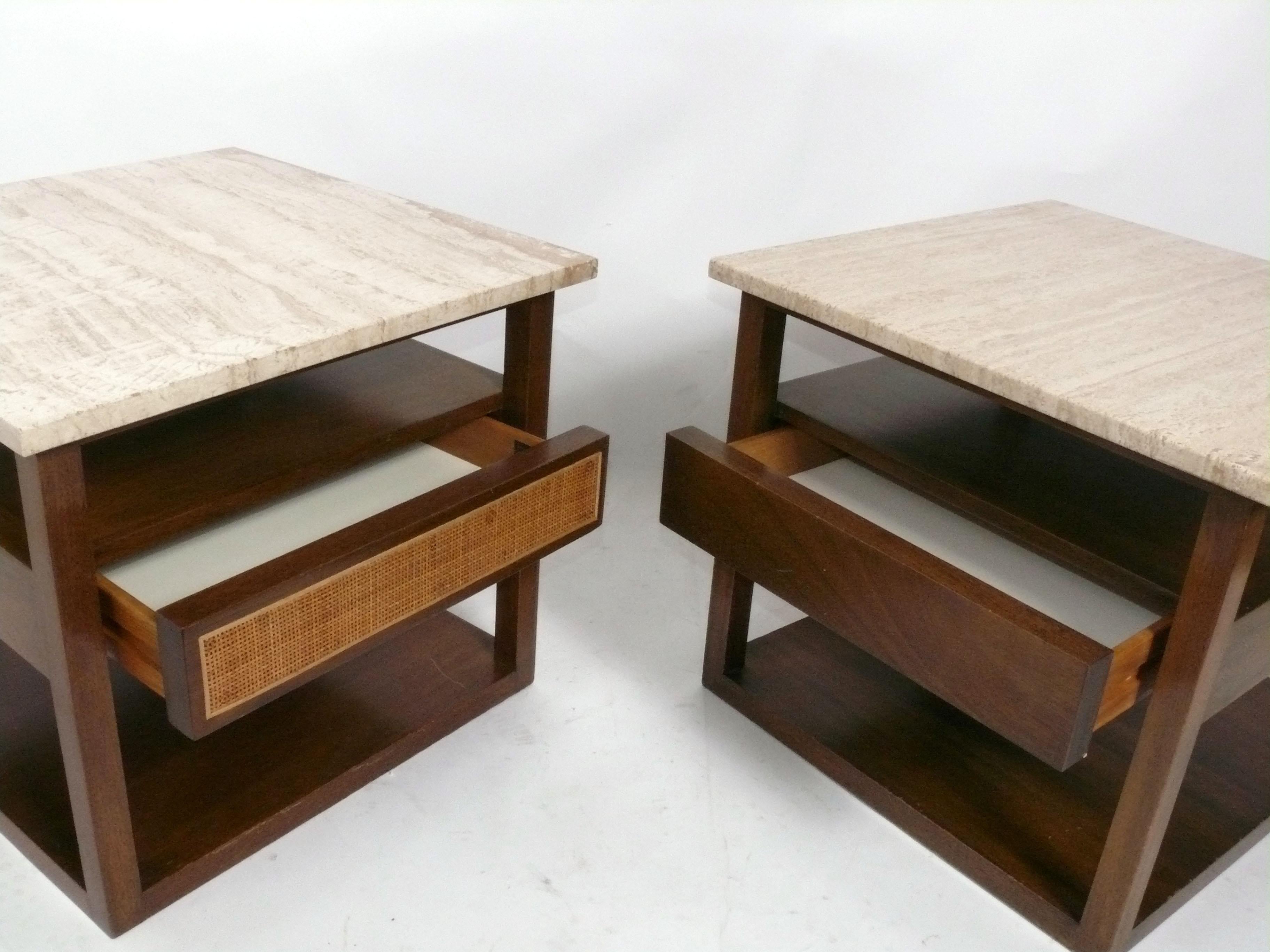 Mid-Century Modern Harvey Probber Travertine and Mahogany Nightstands or End Tables For Sale