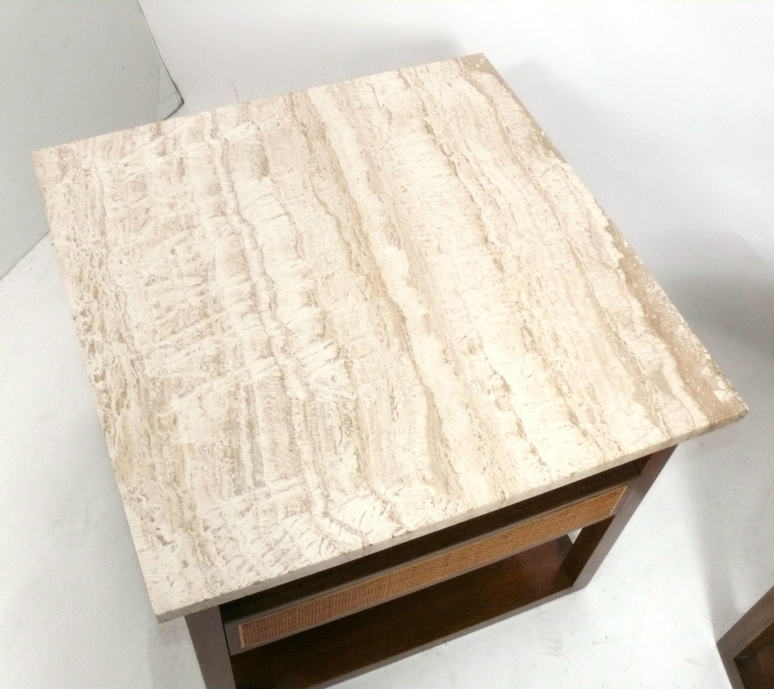 American Harvey Probber Travertine and Mahogany Nightstands or End Tables For Sale