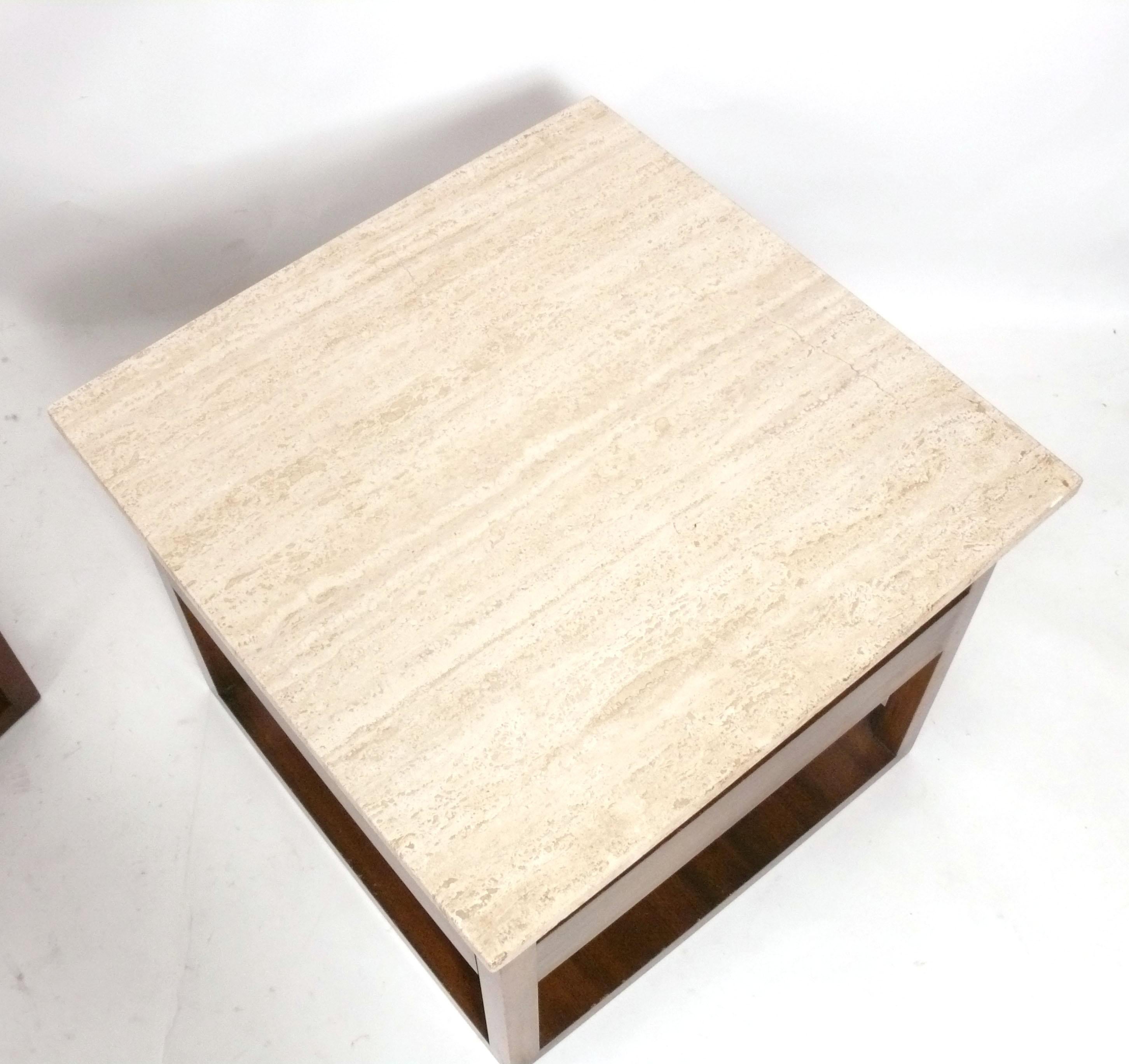 Harvey Probber Travertine and Mahogany Nightstands or End Tables In Good Condition For Sale In Atlanta, GA