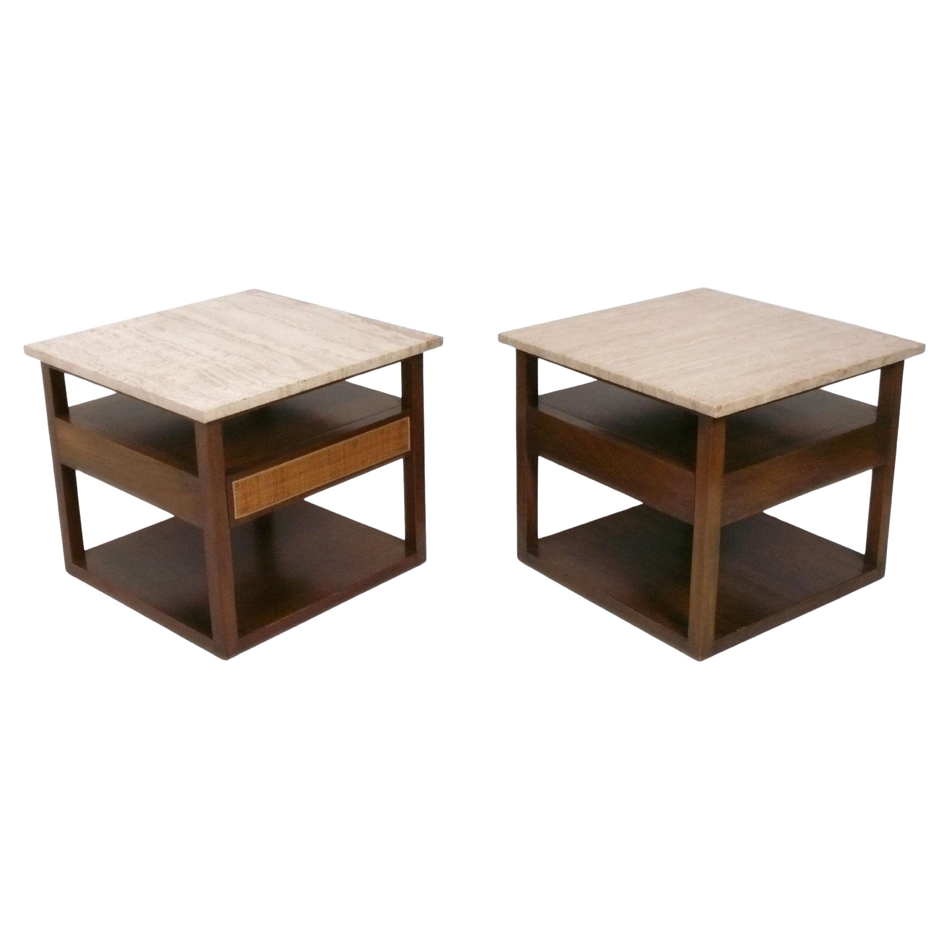 Harvey Probber Travertine and Mahogany Nightstands or End Tables