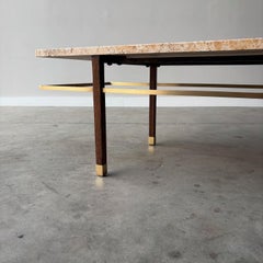Harvey Probber Travertine Coffee Table, Mahogany and Brass, 1960s