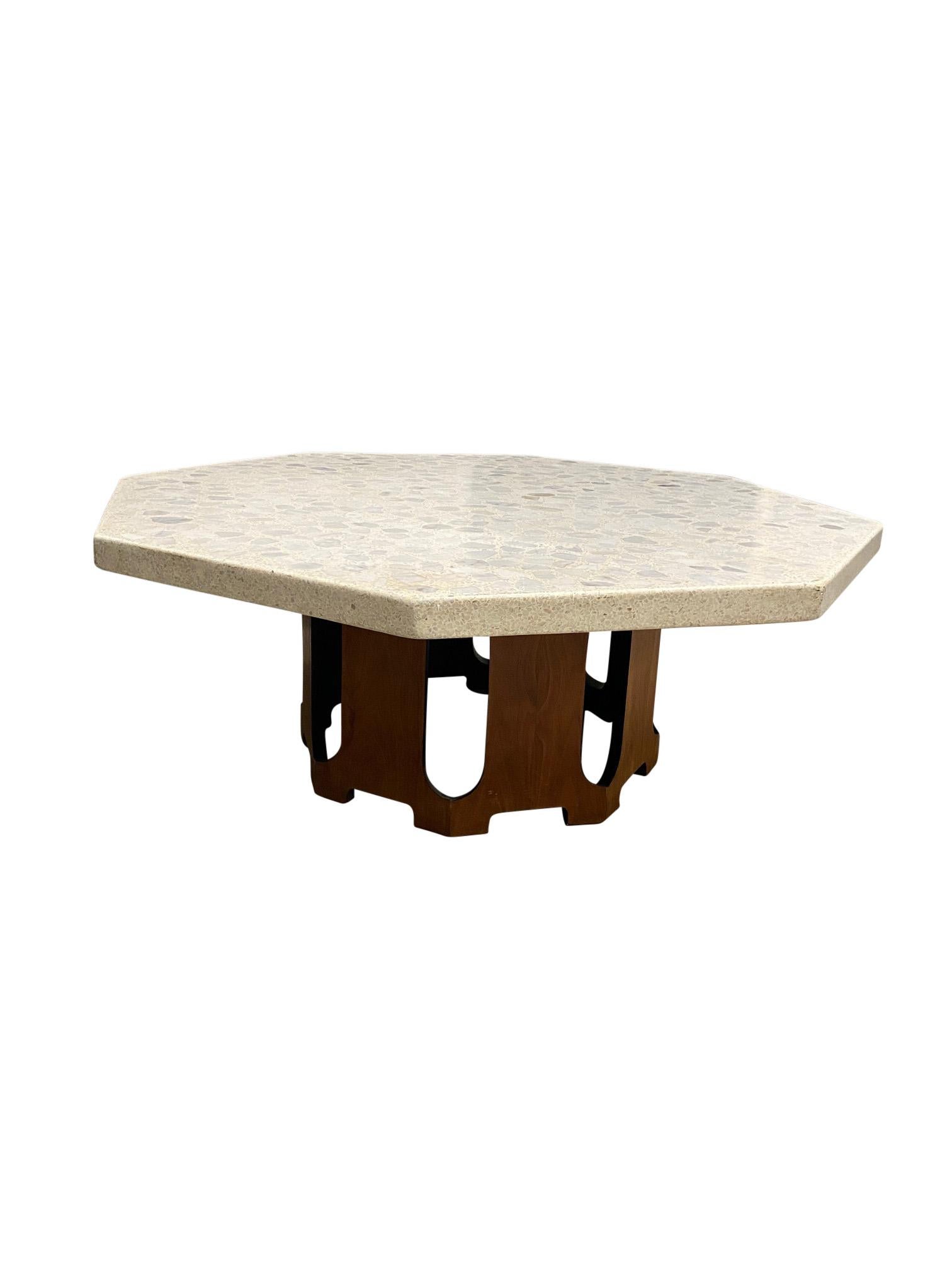 Harvey Probber coffee table with travertine/marble octagon top with walnut base. Made in 1950s.