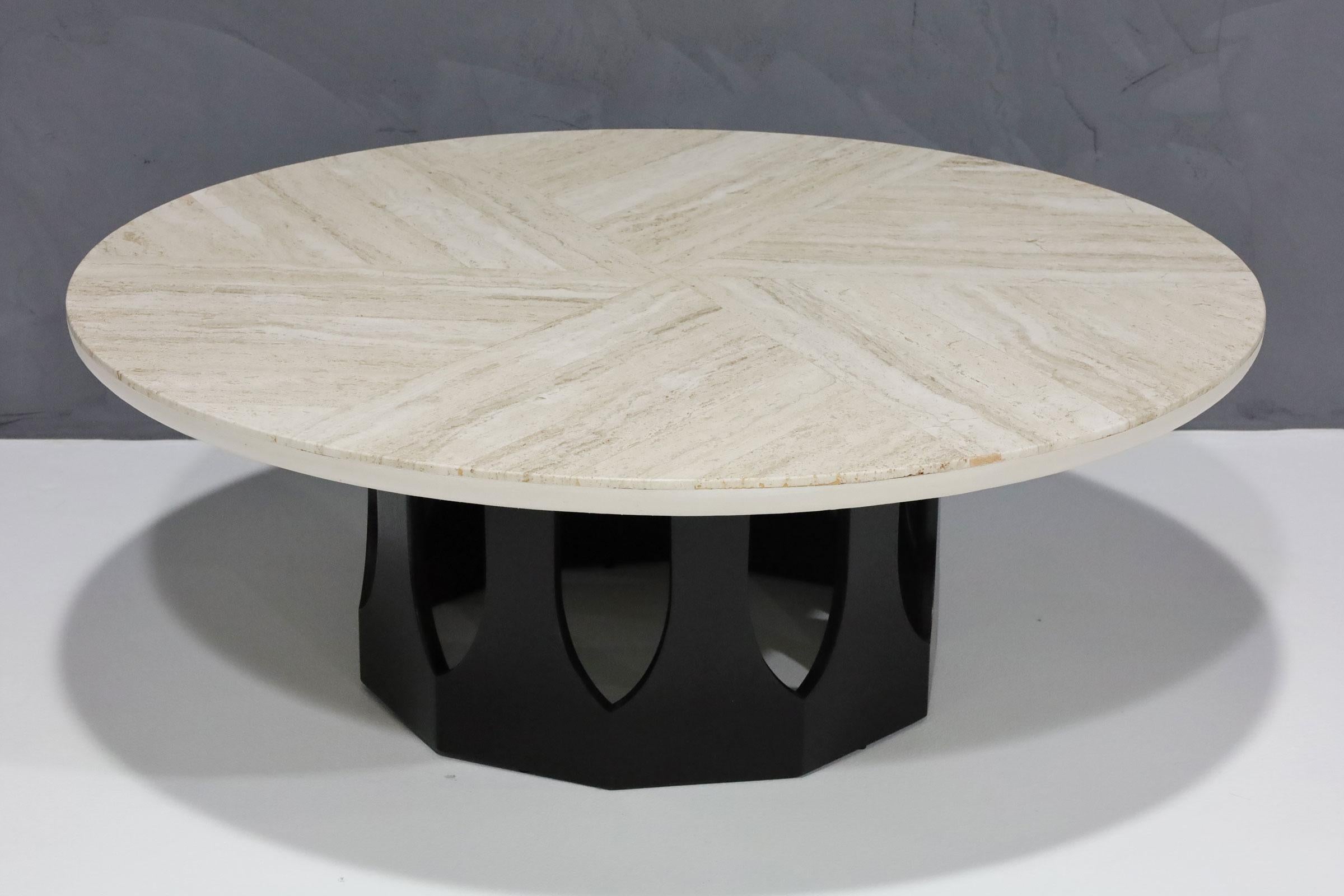 Harvey Probber Travertine Top Cocktail Table on Pierced Walnut Hexagonal Base In Good Condition In Dallas, TX