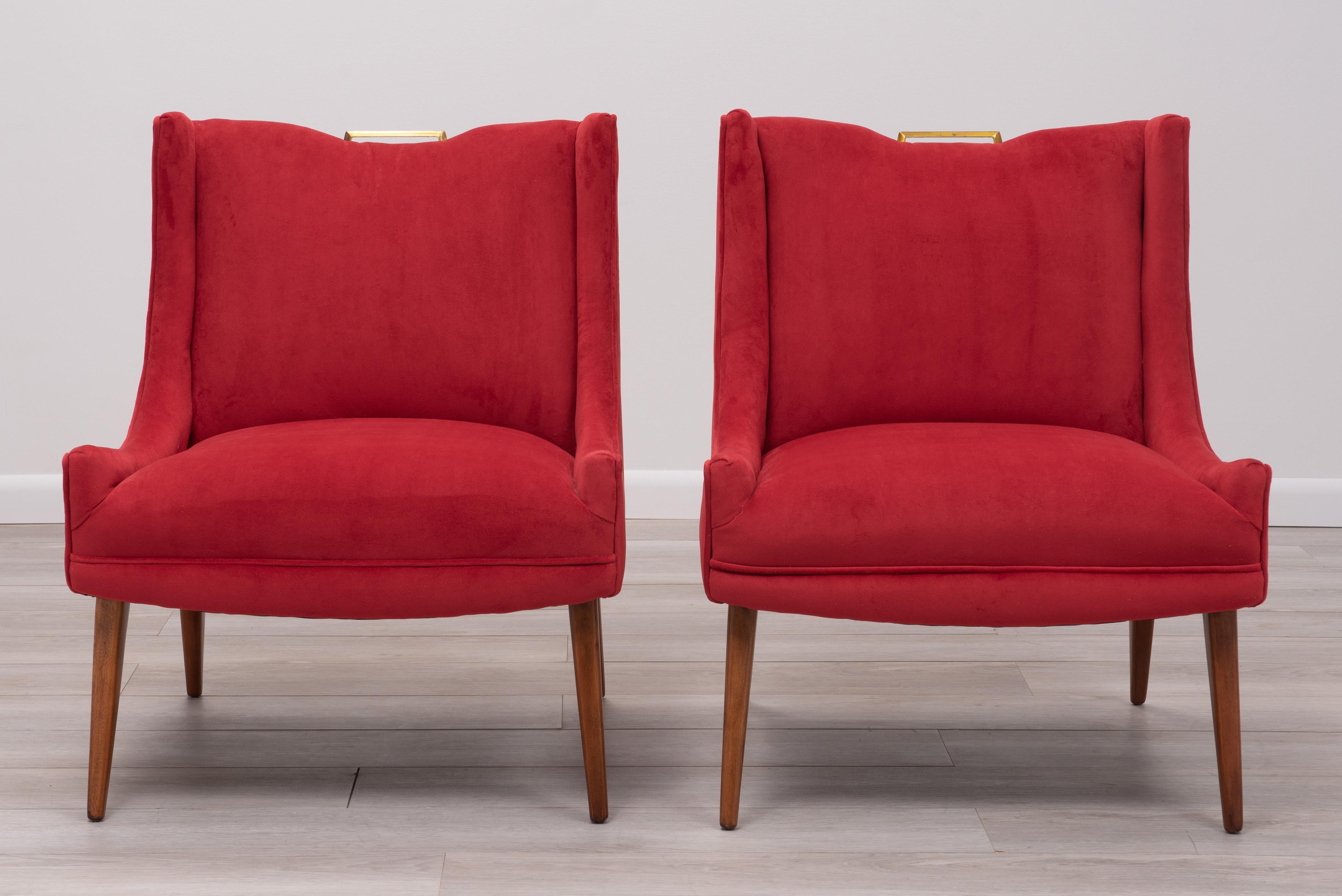Brass Harvey Probber Velvet Slipper Lounge Chairs - a Pair For Sale