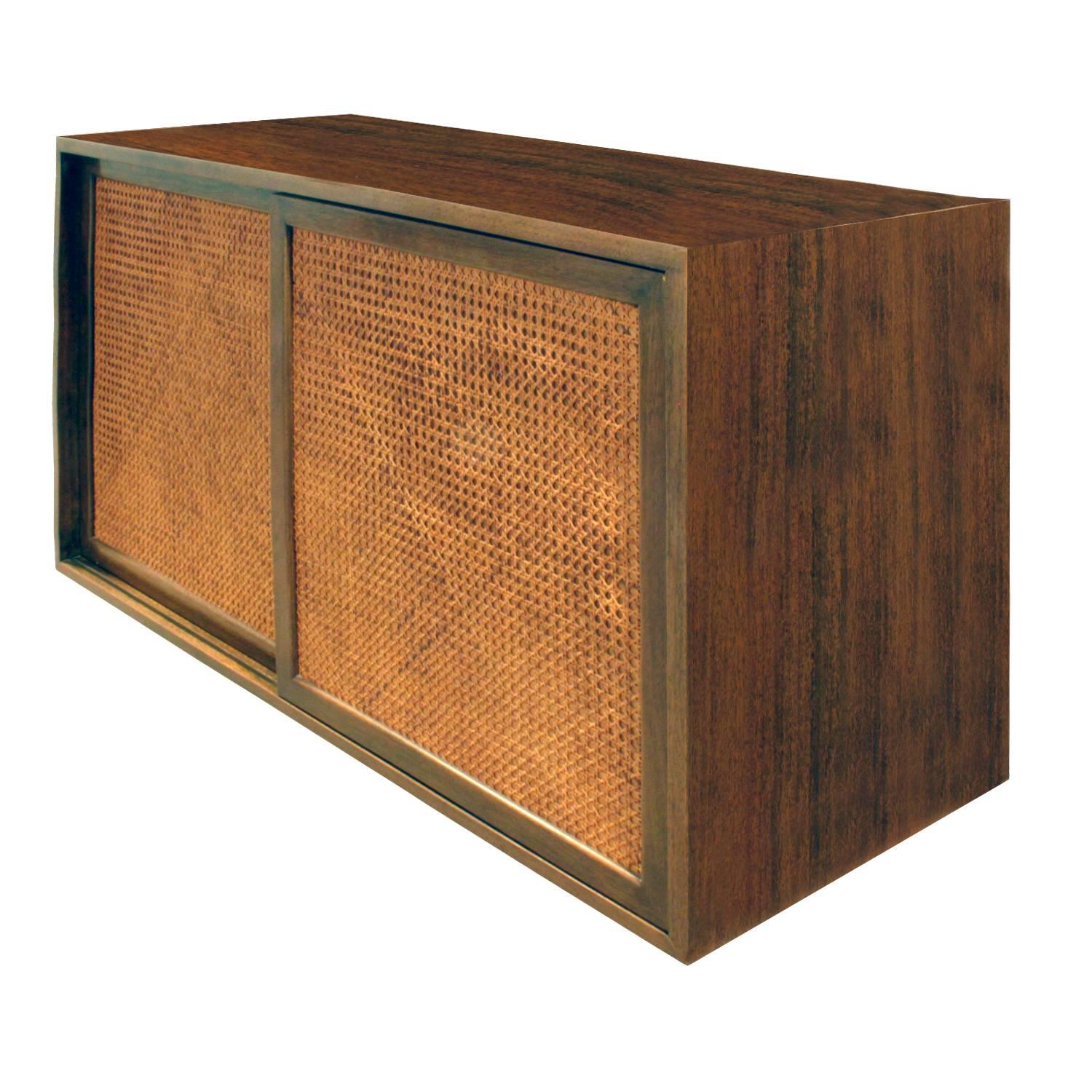 Mid-Century Modern Harvey Probber Wall Mounted Cabinet with Inset Caned Doors, 1950s