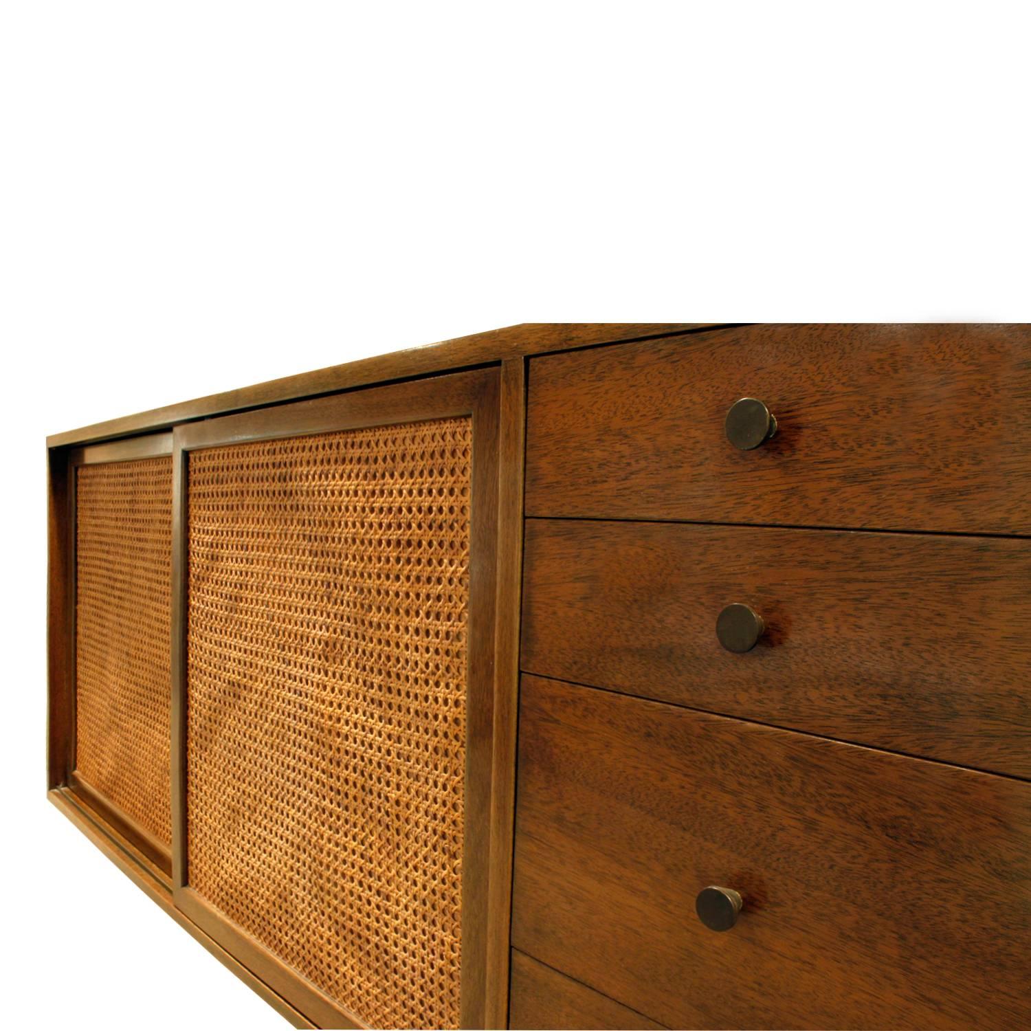 American Harvey Probber Wall Mounted Credenza with Inset Caned Doors, 1950s For Sale