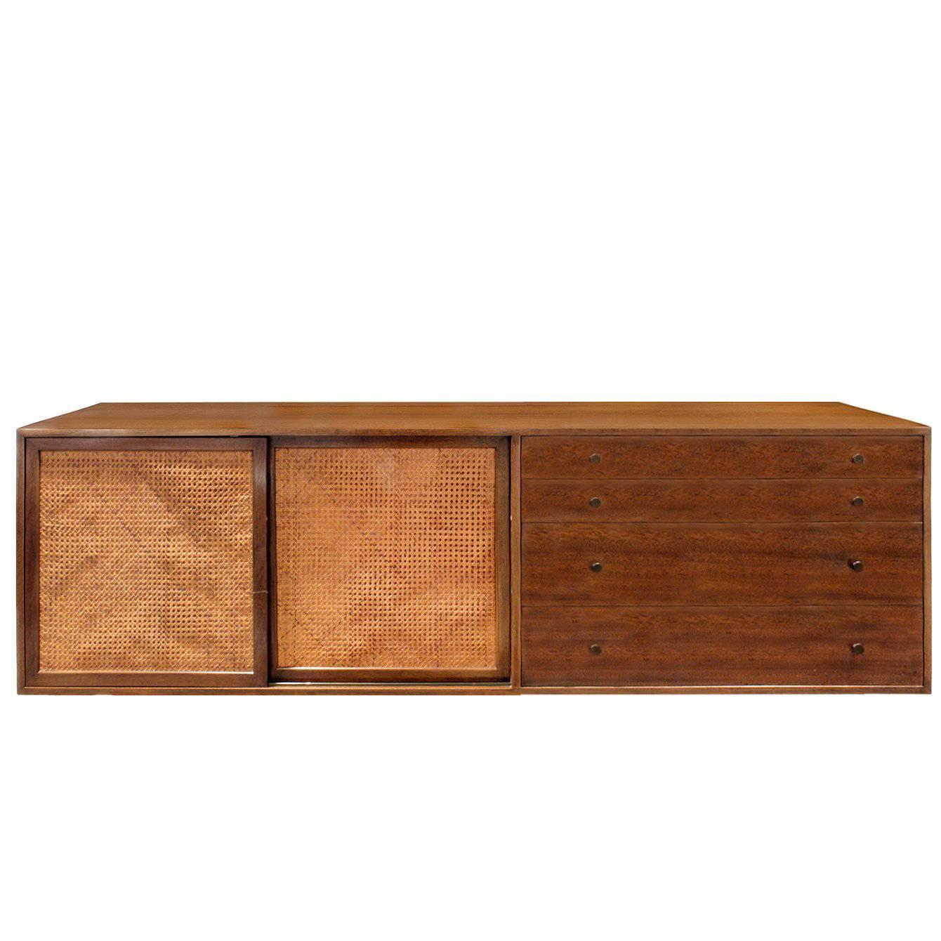 Harvey Probber Wall Mounted Credenza with Inset Caned Doors, 1950s