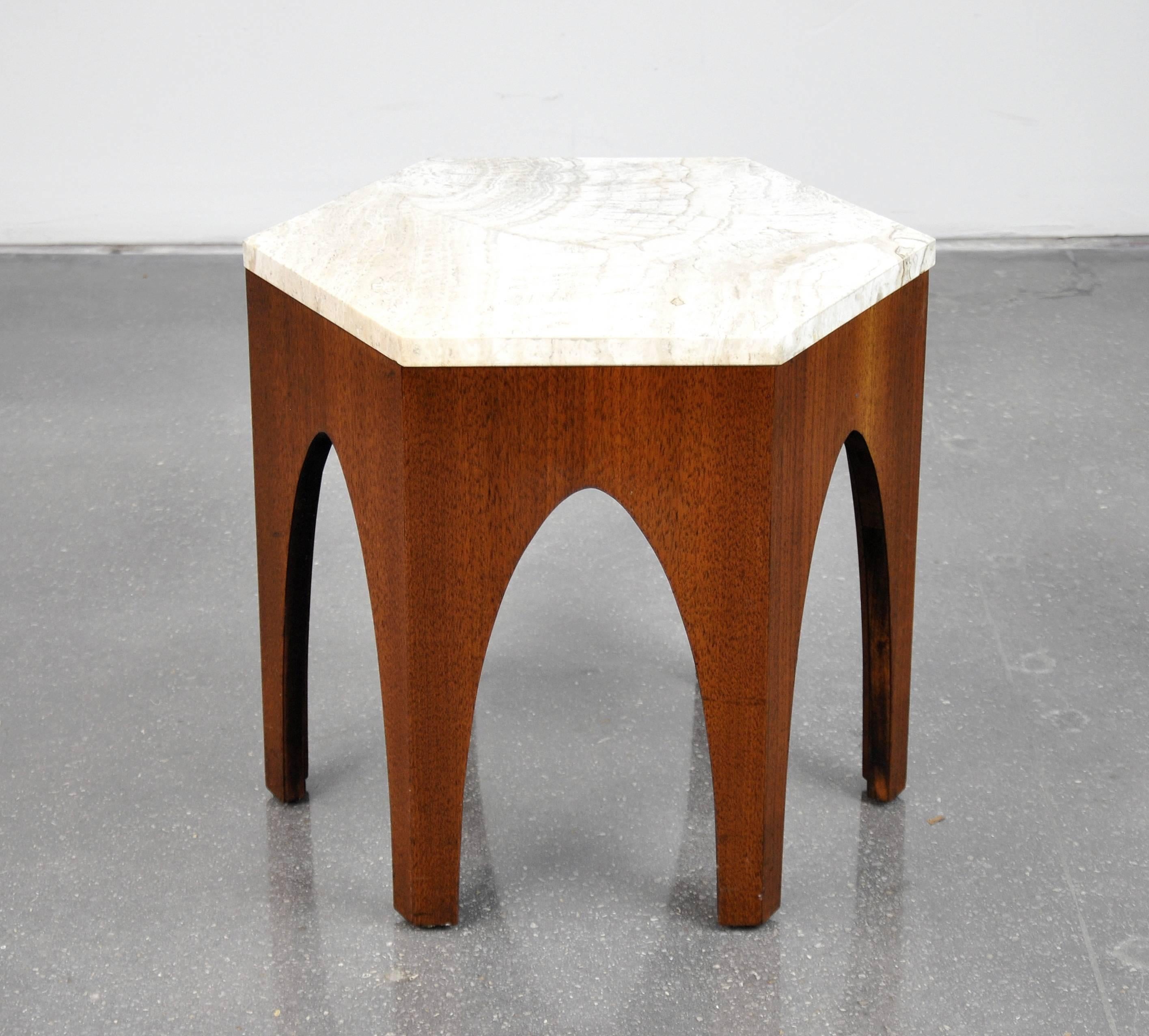 Mid-Century Modern Harvey Probber Walnut and Travertine Hexagonal Side Table