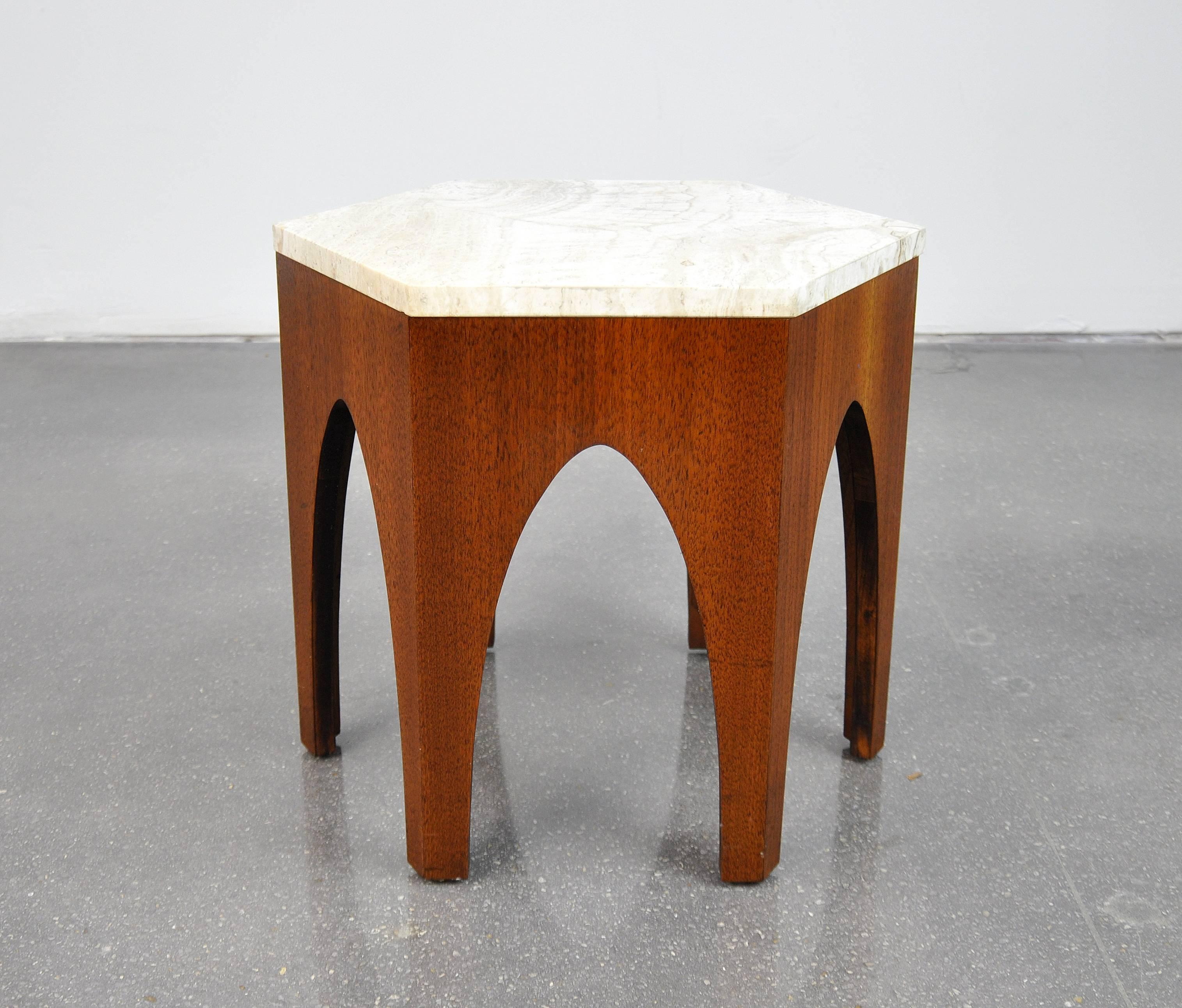 Mid-20th Century Harvey Probber Walnut and Travertine Hexagonal Side Table