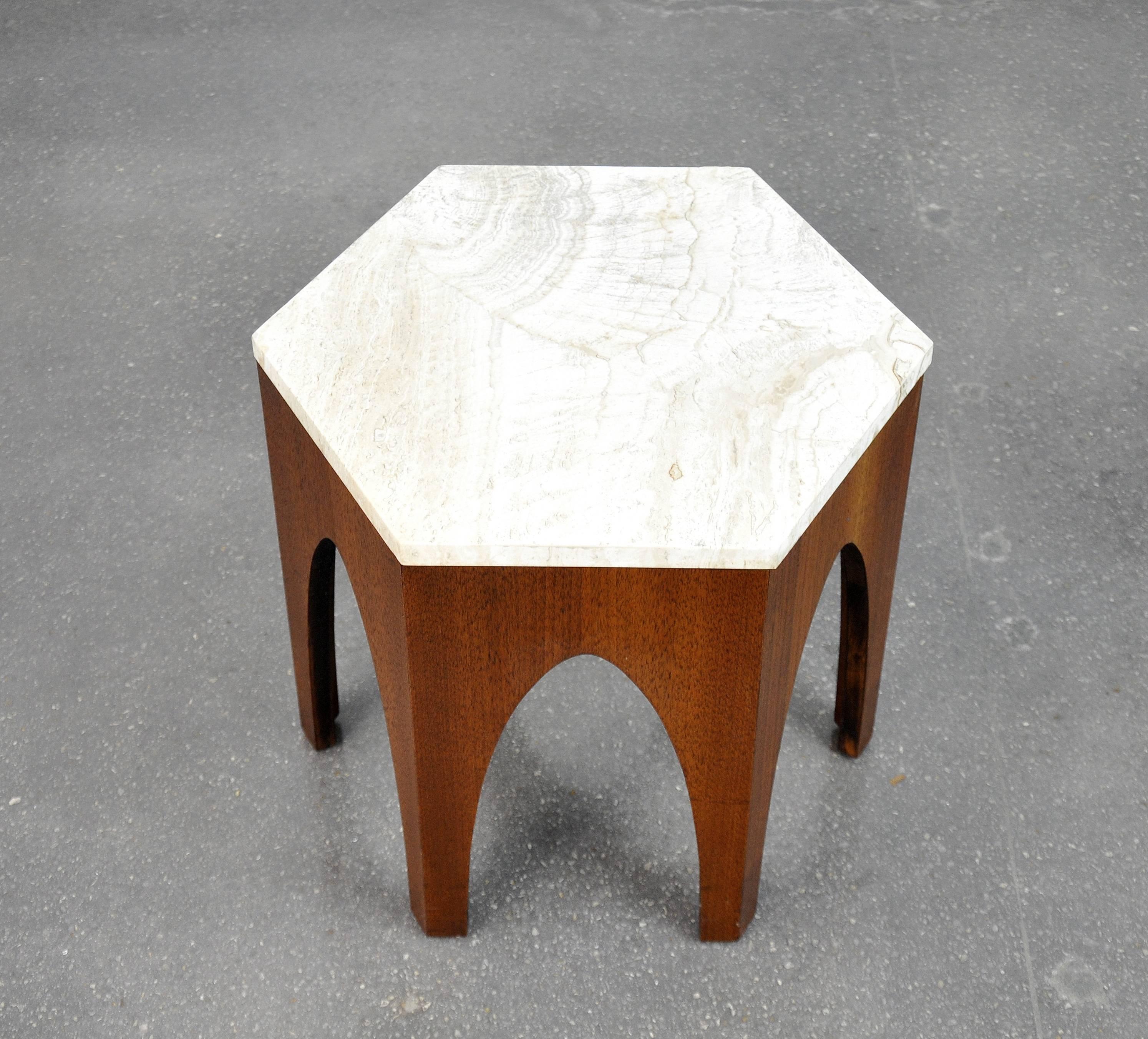 Harvey Probber Walnut and Travertine Hexagonal Side Table 2