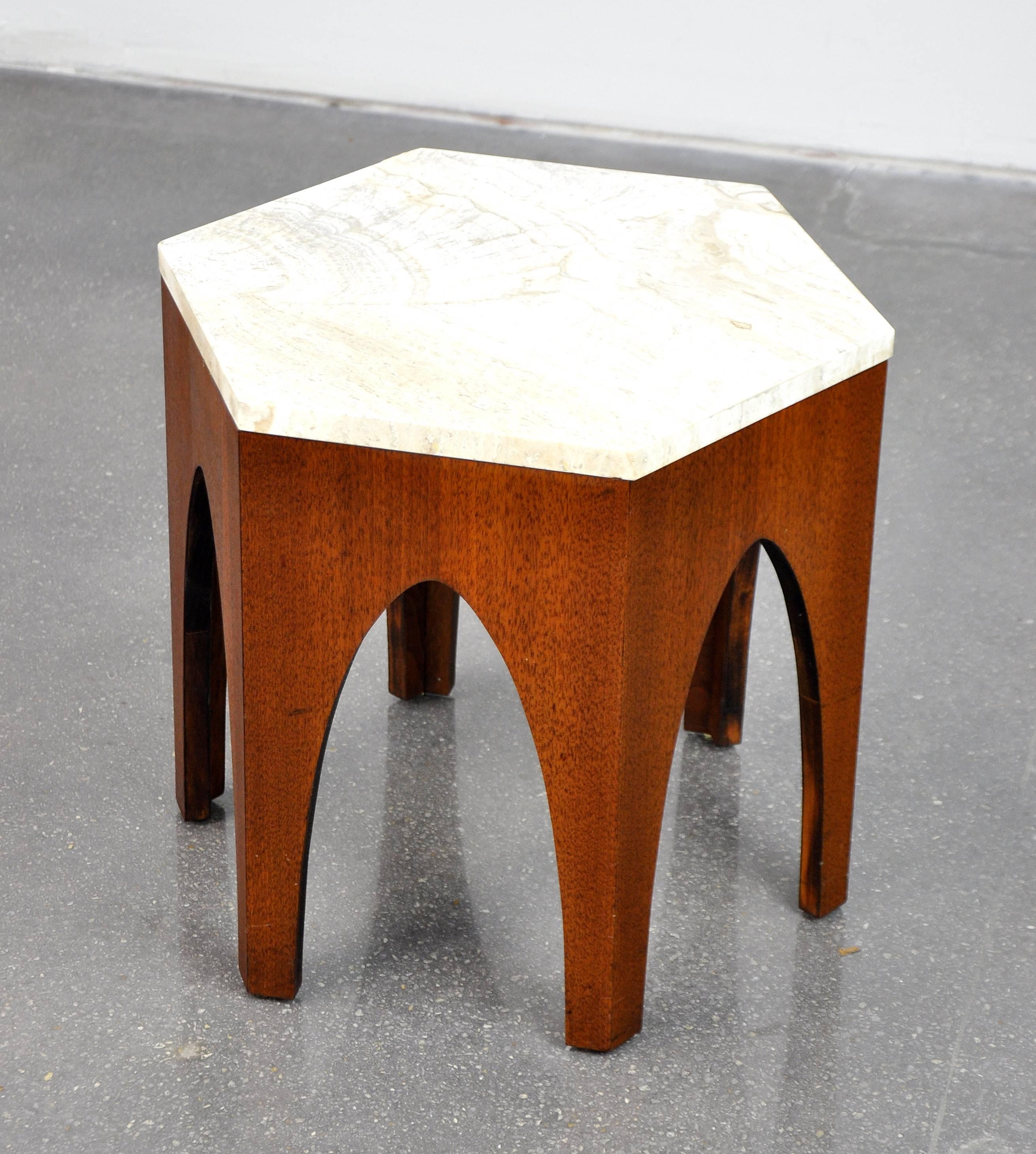 Harvey Probber Walnut and Travertine Hexagonal Side Table 3