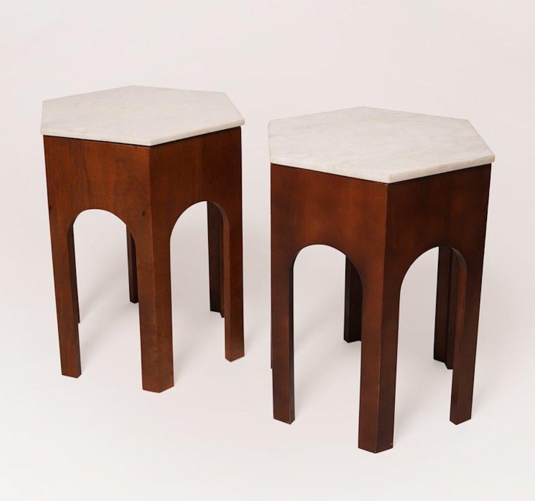 Stunning pair of Harvey Probber walnut and marble hexagonal side tables perfect as a side or end table. Designed by the mid century designer Probber with Moroccan inspired arch base and Italian inset travertine top.