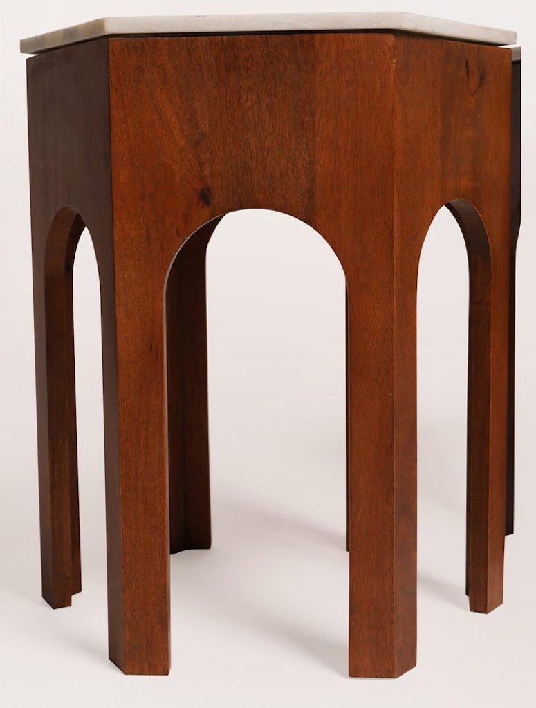 Mid-Century Modern Harvey Probber Walnut and Travertine Hexagonal Side Tables