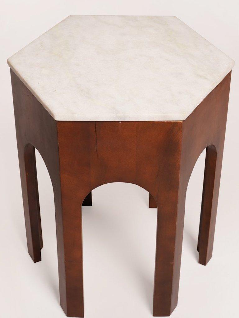 American Harvey Probber Walnut and Travertine Hexagonal Side Tables