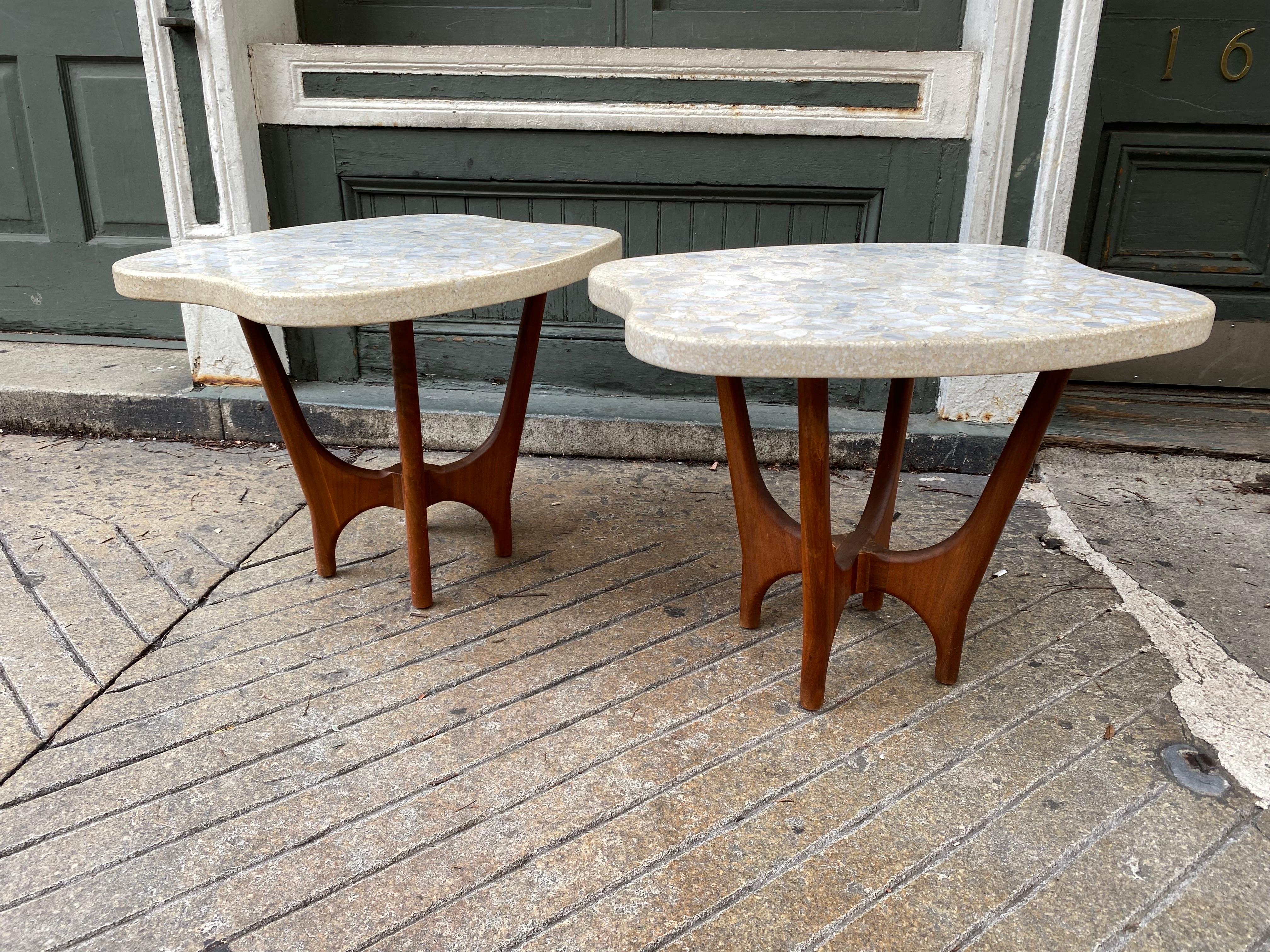 Pair of Terrazzo and Stone Topped Endtables. Stone is in really nice condition with no chips, cracks or staining. Walnut bases have a look of Adrian Pearsall Furniture as well as Harvey Probber. Have seen attributed to both. Free Form tops give a