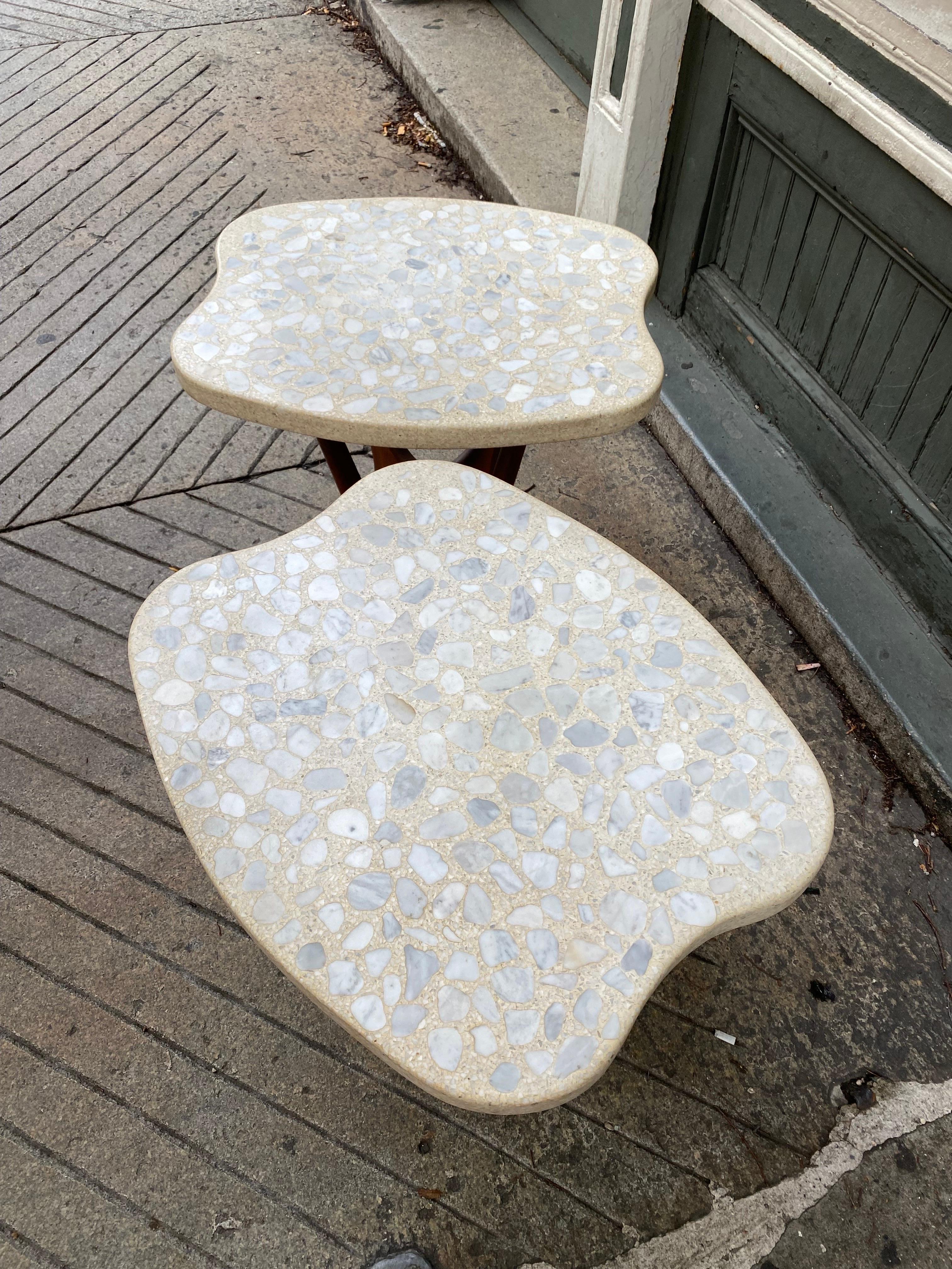 American Harvey Probber Walnut Side Tables with Stone and Terrazzo Freeform Tops