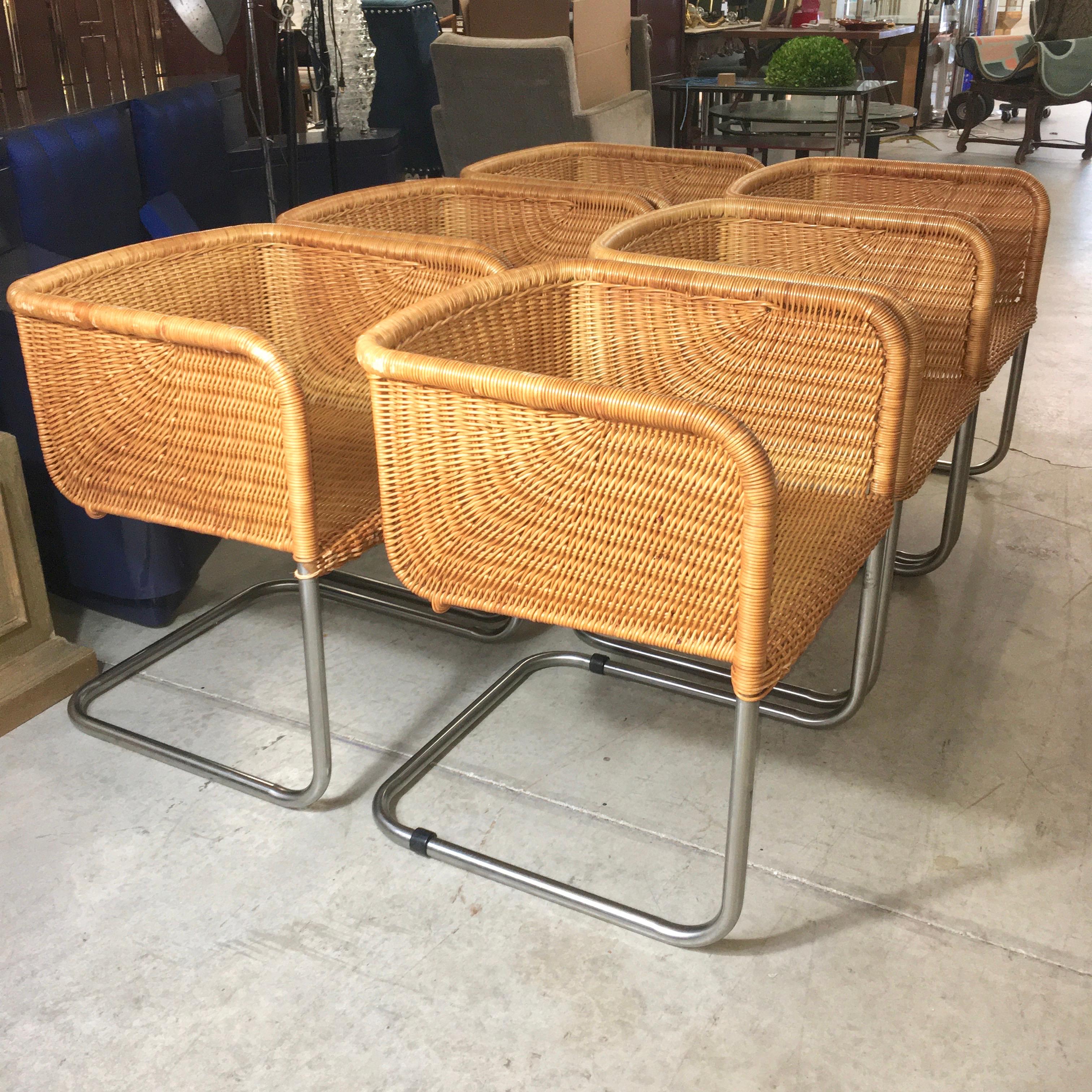 Harvey Probber Wicker and Chrome Cantilevered Chairs 4